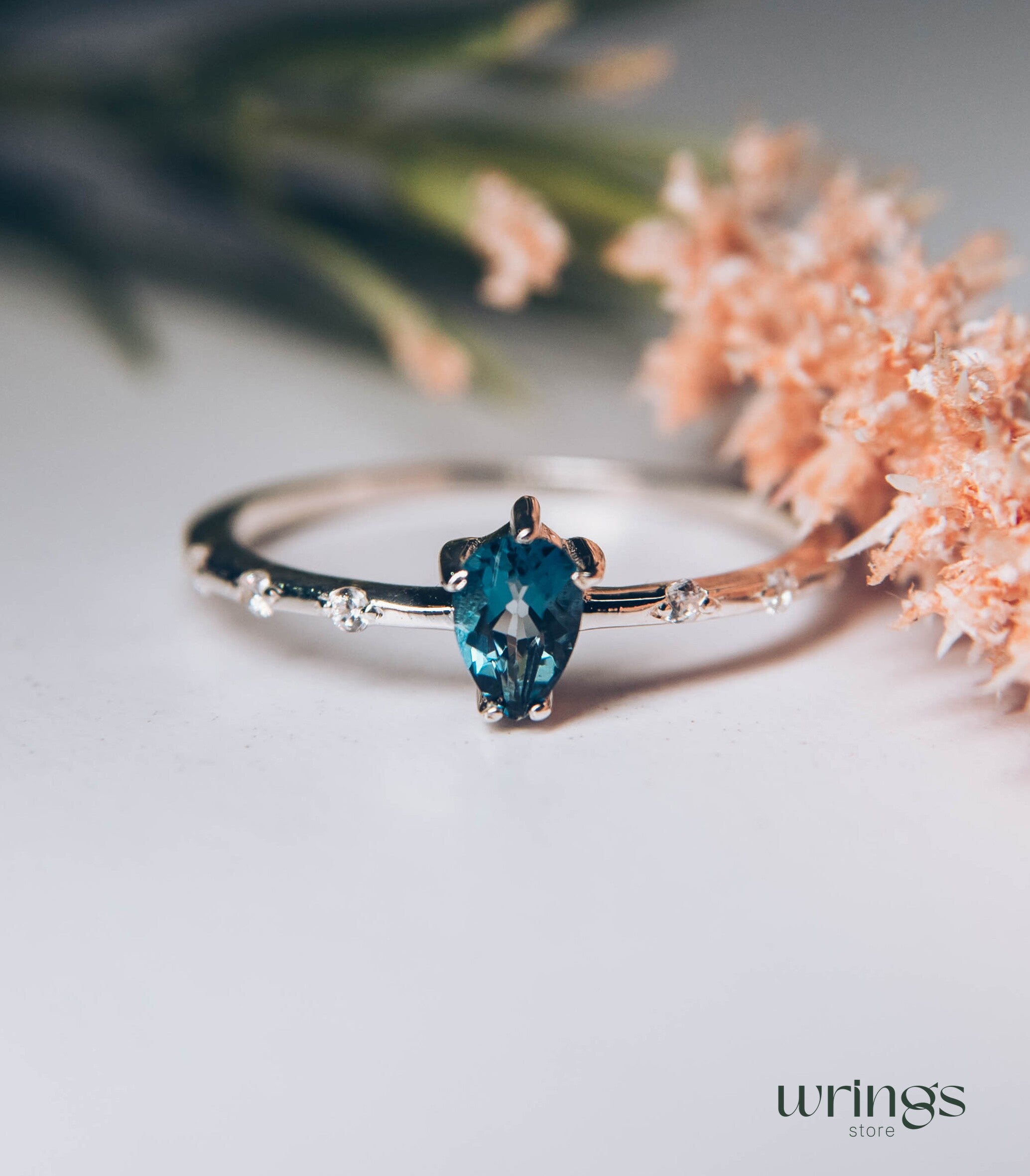 Pear Topaz & CZ Side Stone Engagement Ring Sterling Silver