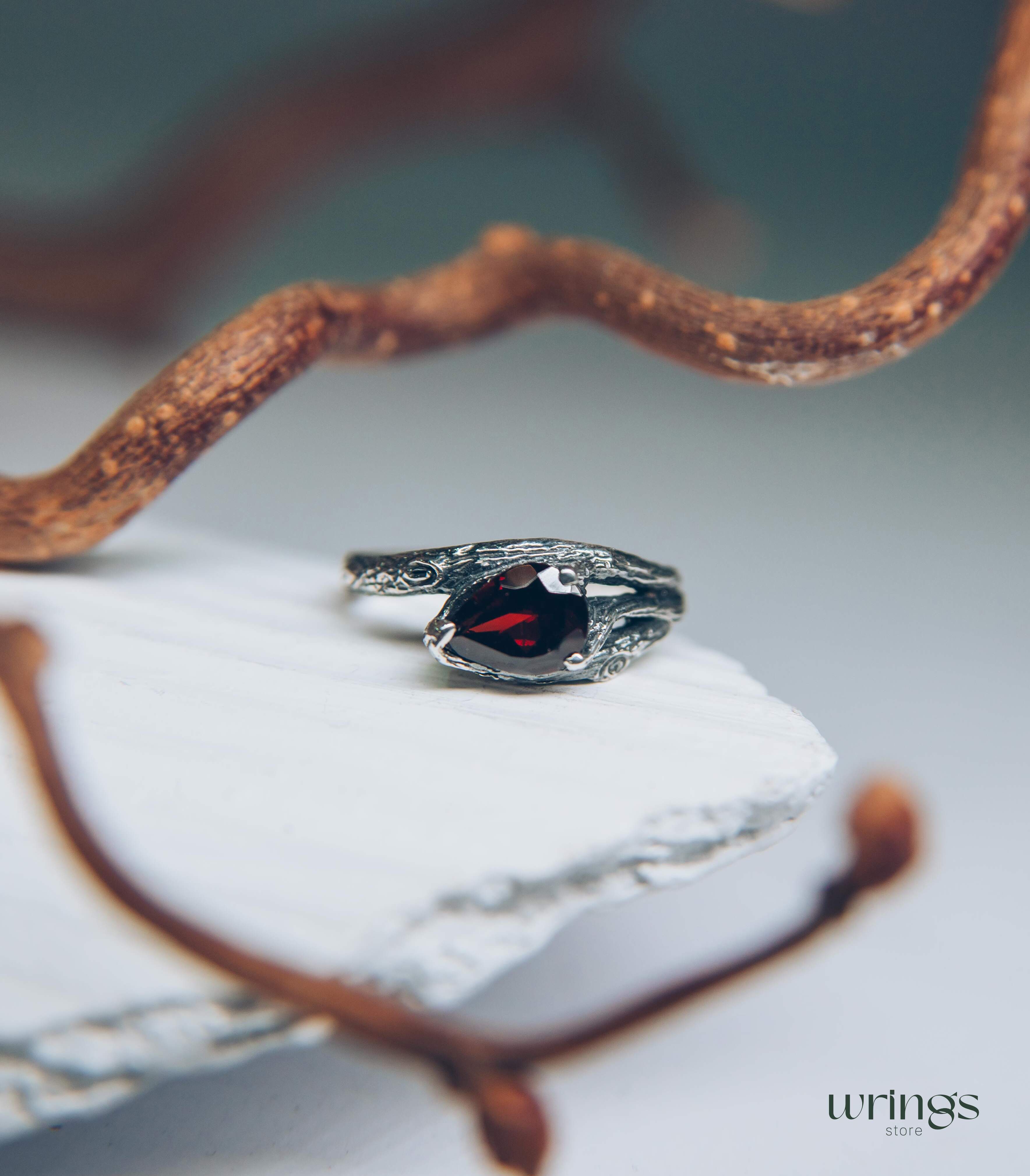 Pear Garnet and Silver Branch Engagement Ring