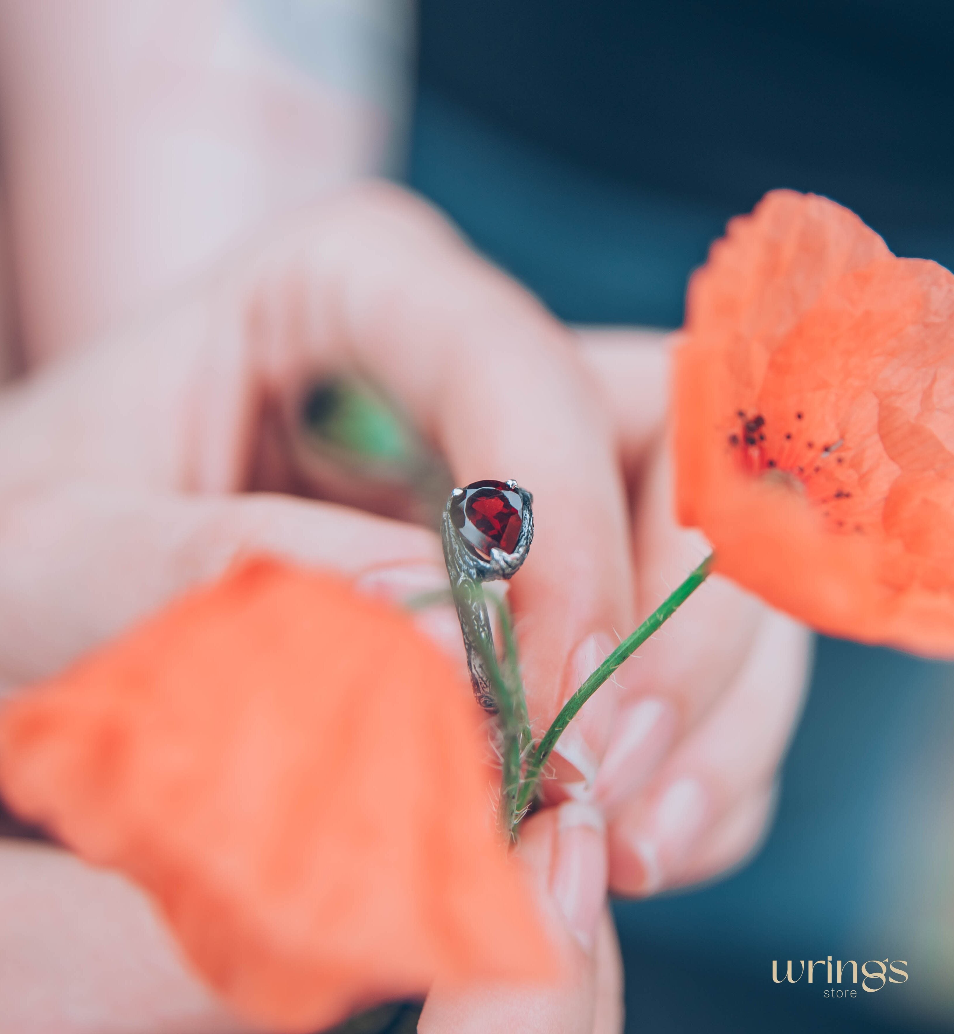 Pear Garnet and Silver Branch Engagement Ring