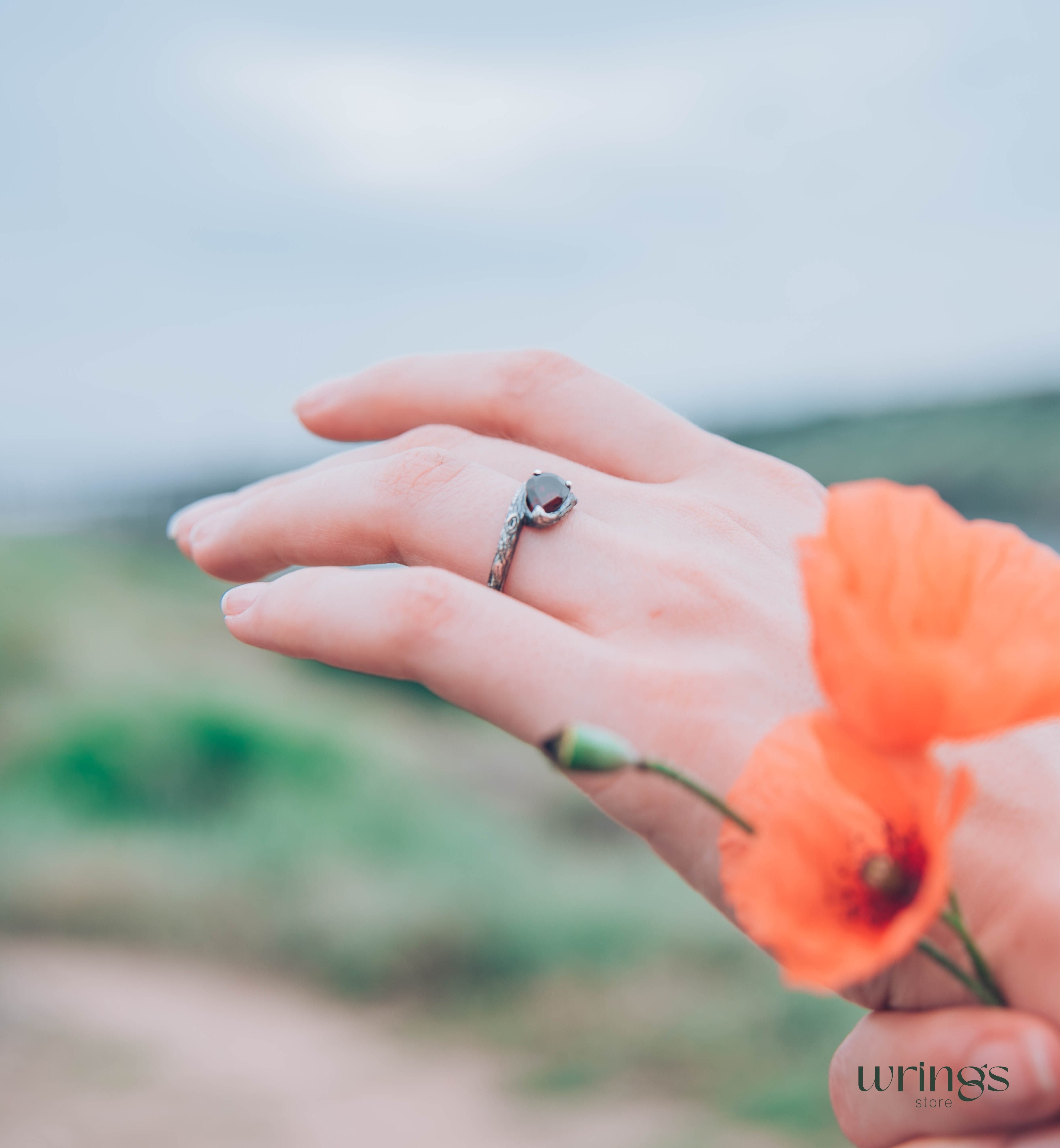 Pear Garnet and Silver Branch Engagement Ring