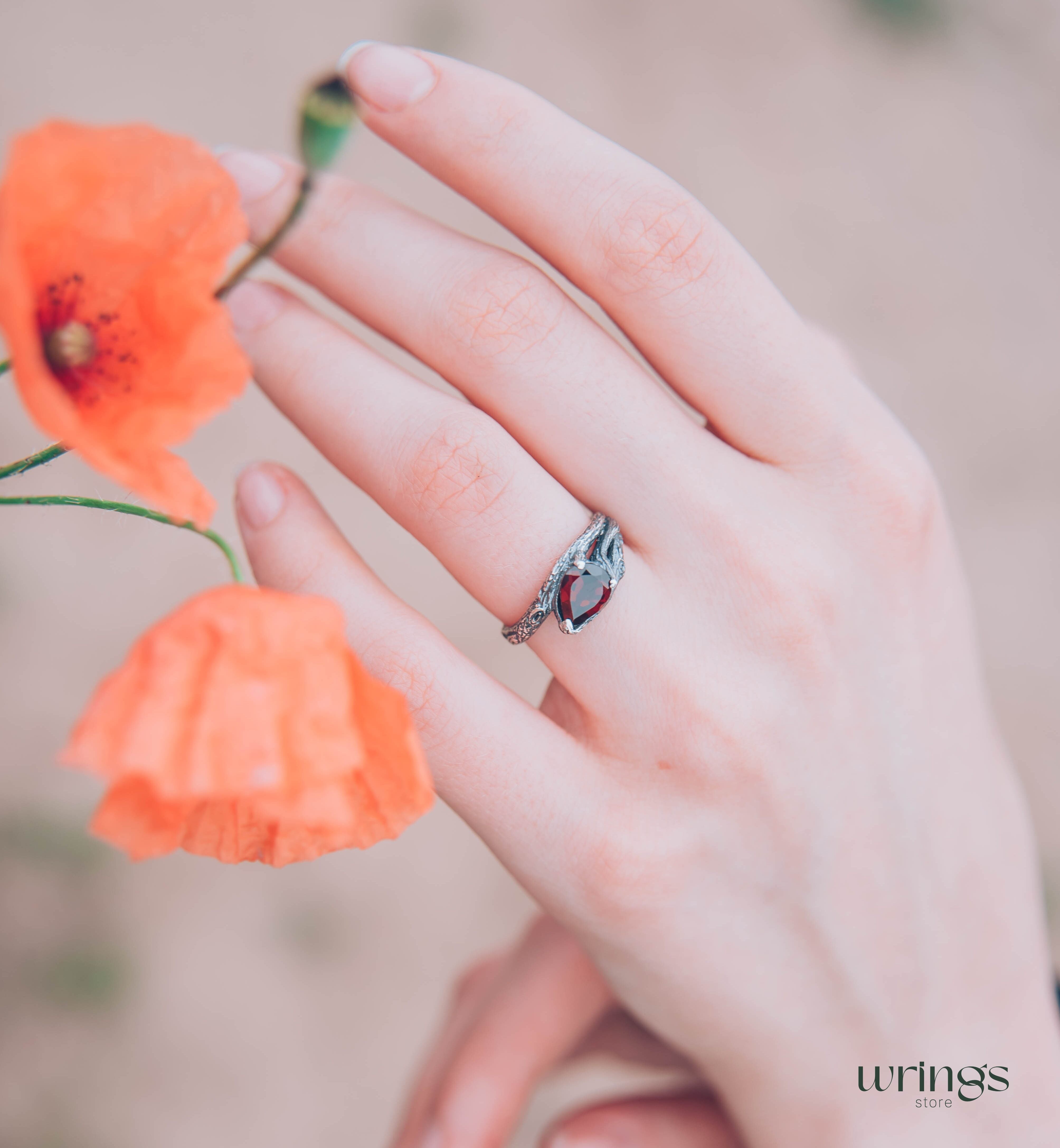 Pear Garnet and Silver Branch Engagement Ring