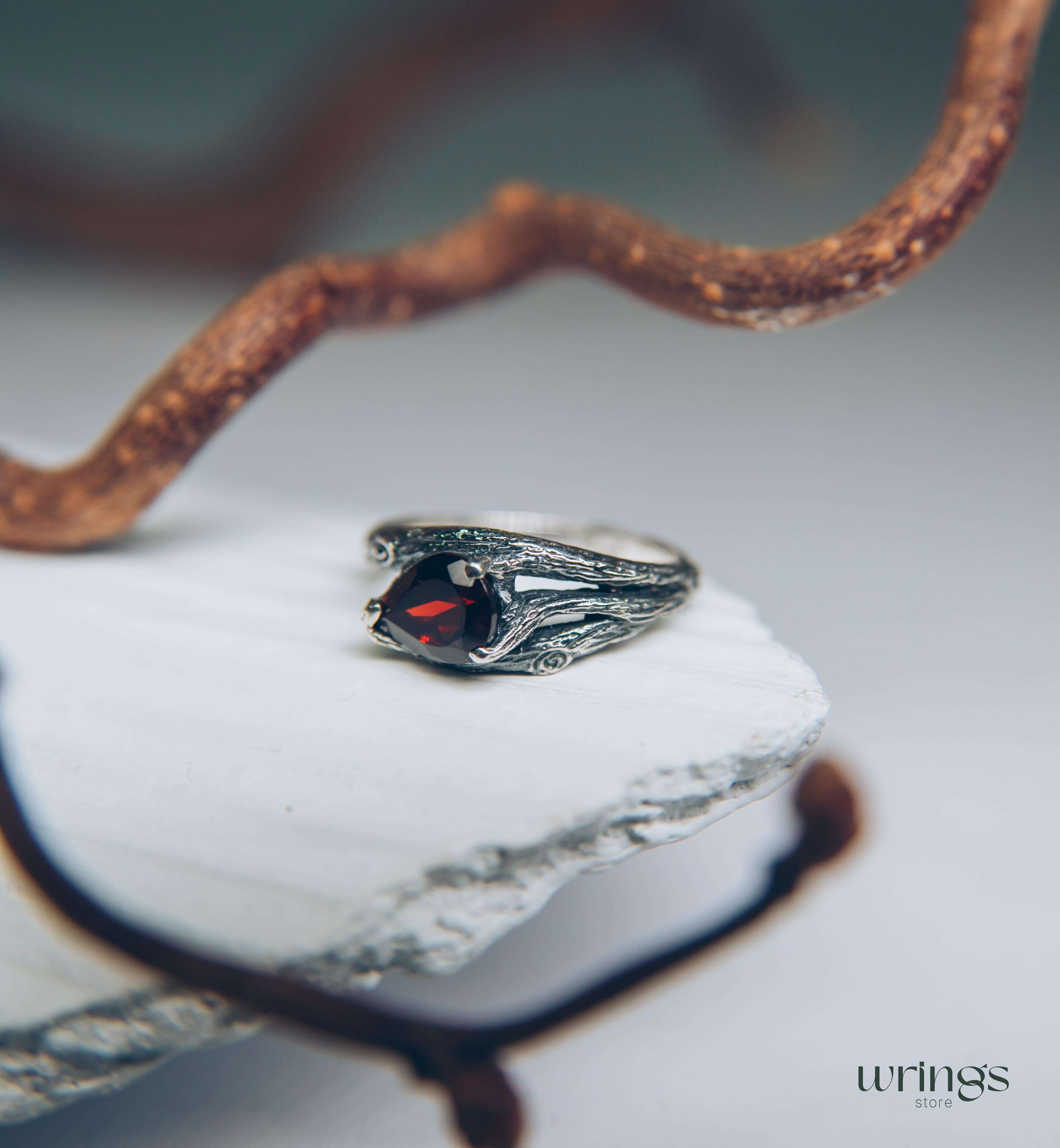 Pear Garnet and Silver Branch Engagement Ring