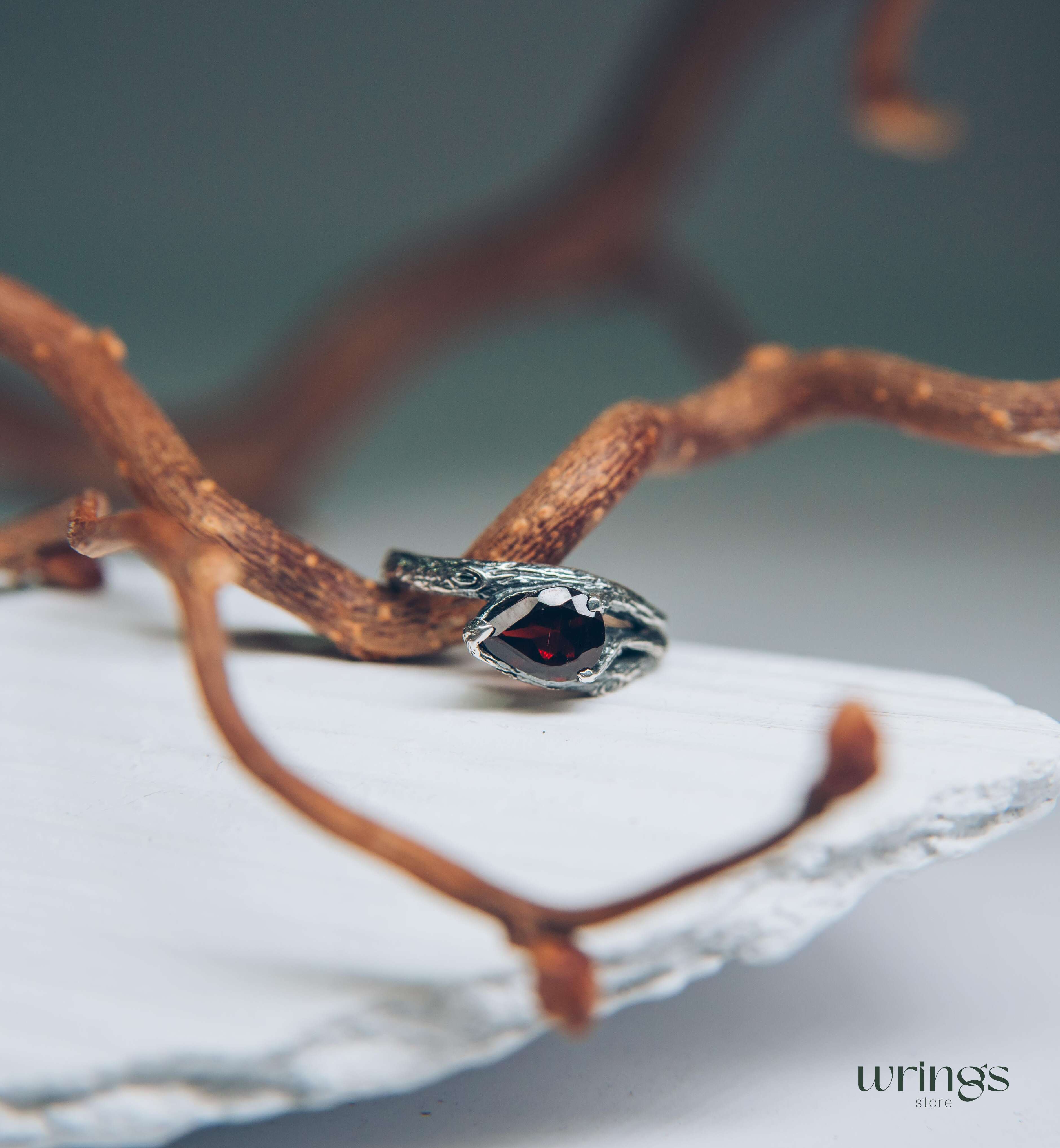 Pear Garnet and Silver Branch Engagement Ring