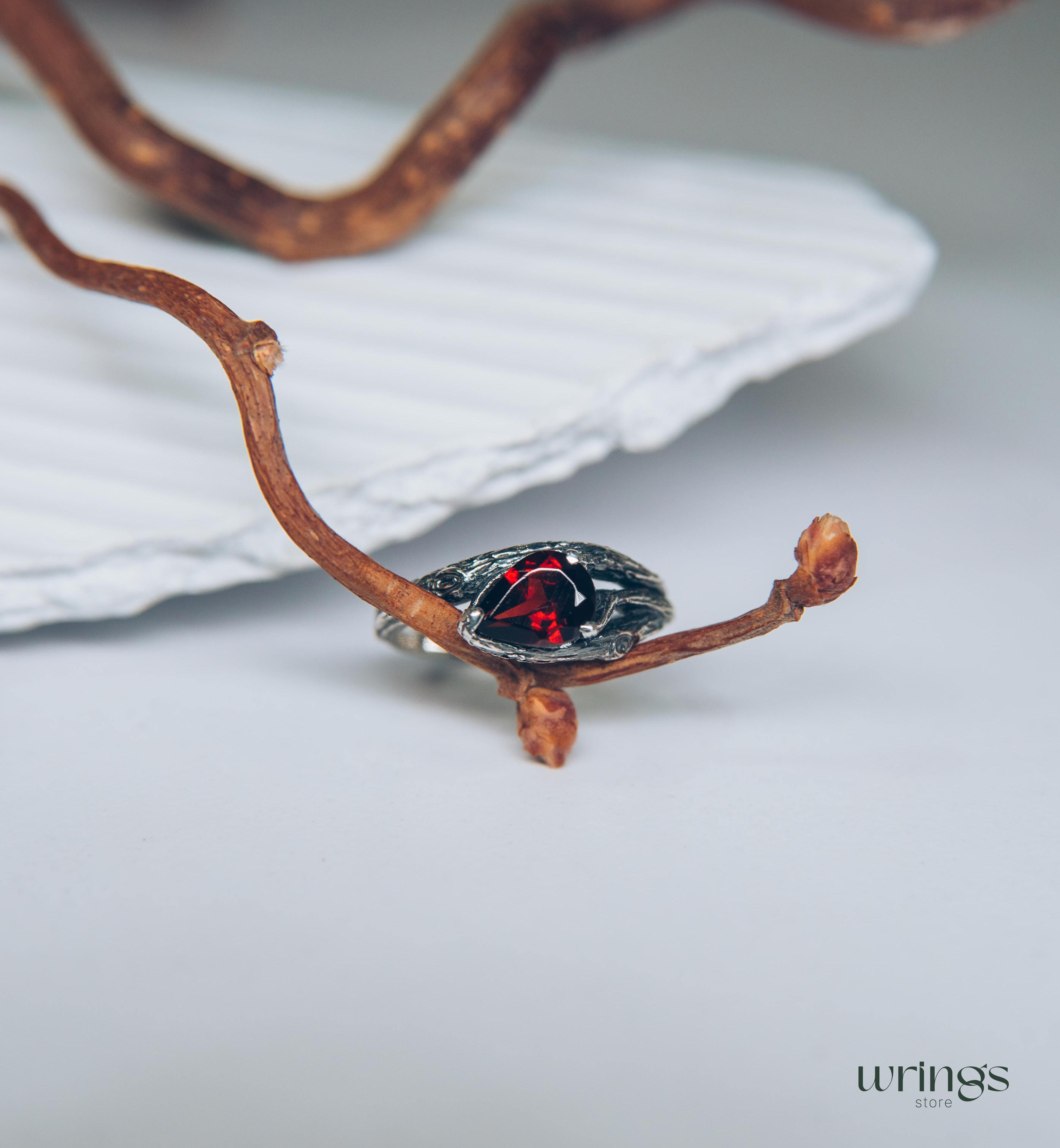 Pear Garnet and Silver Branch Engagement Ring