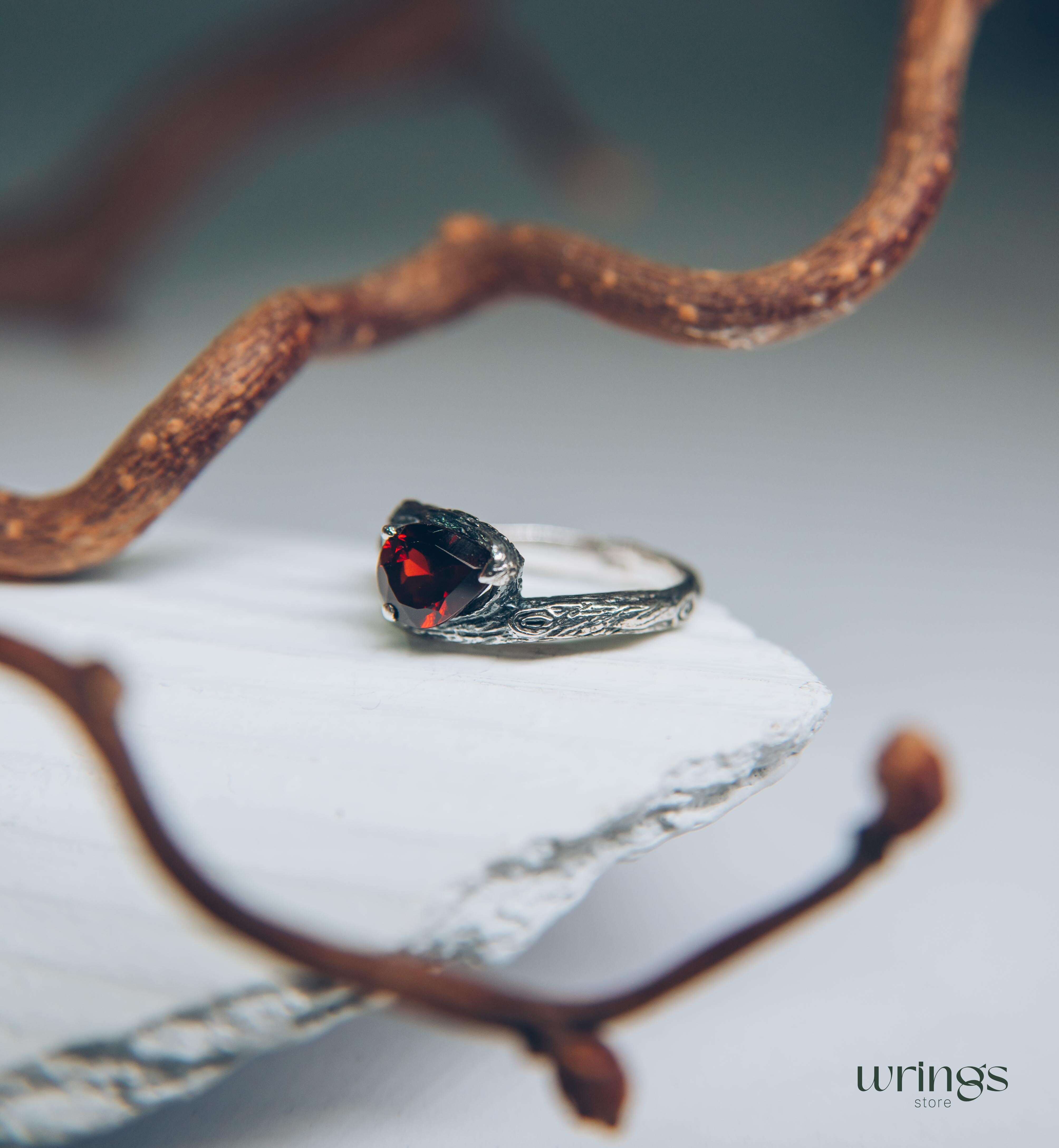 Pear Garnet and Silver Branch Engagement Ring