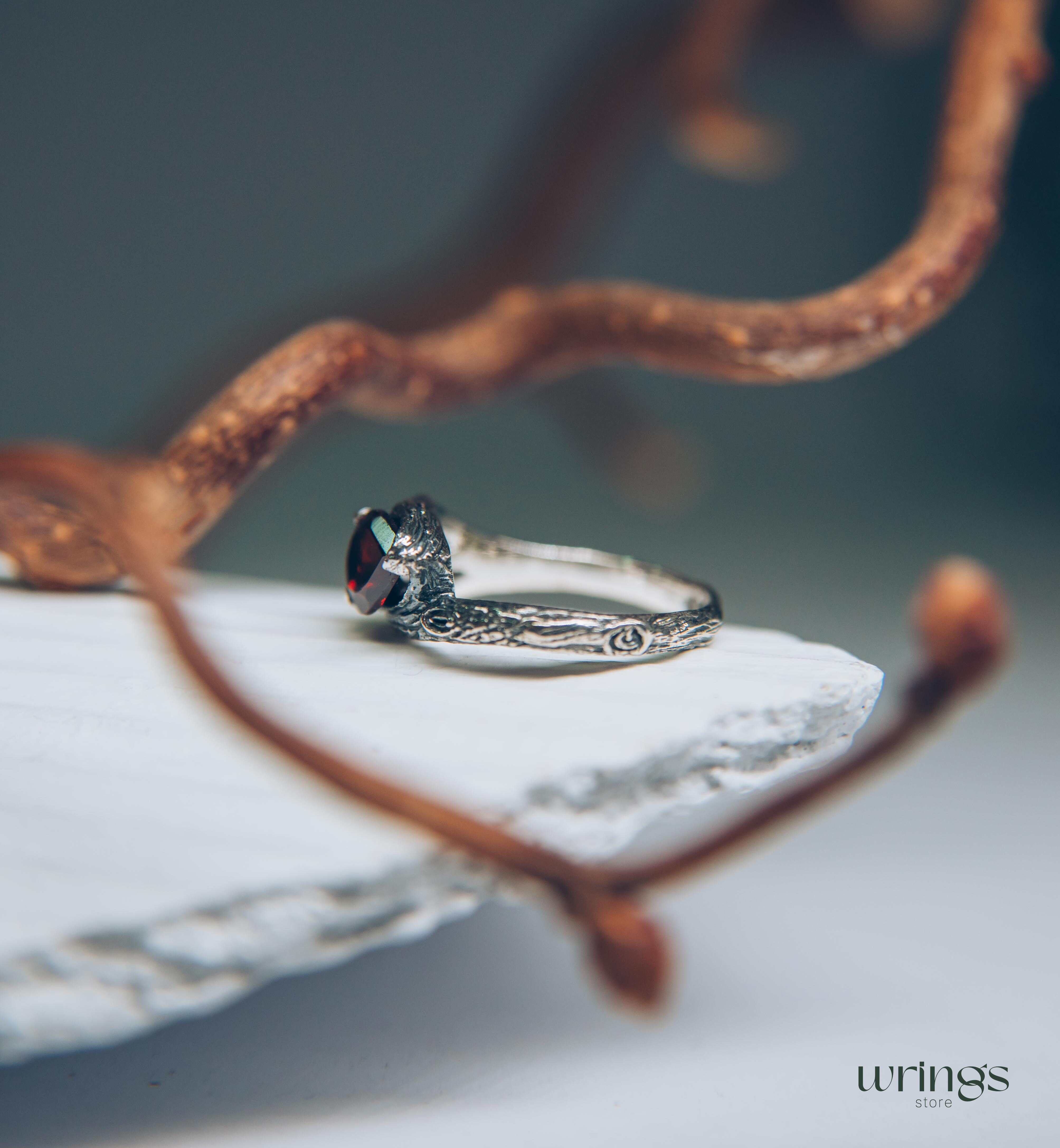 Pear Garnet and Silver Branch Engagement Ring