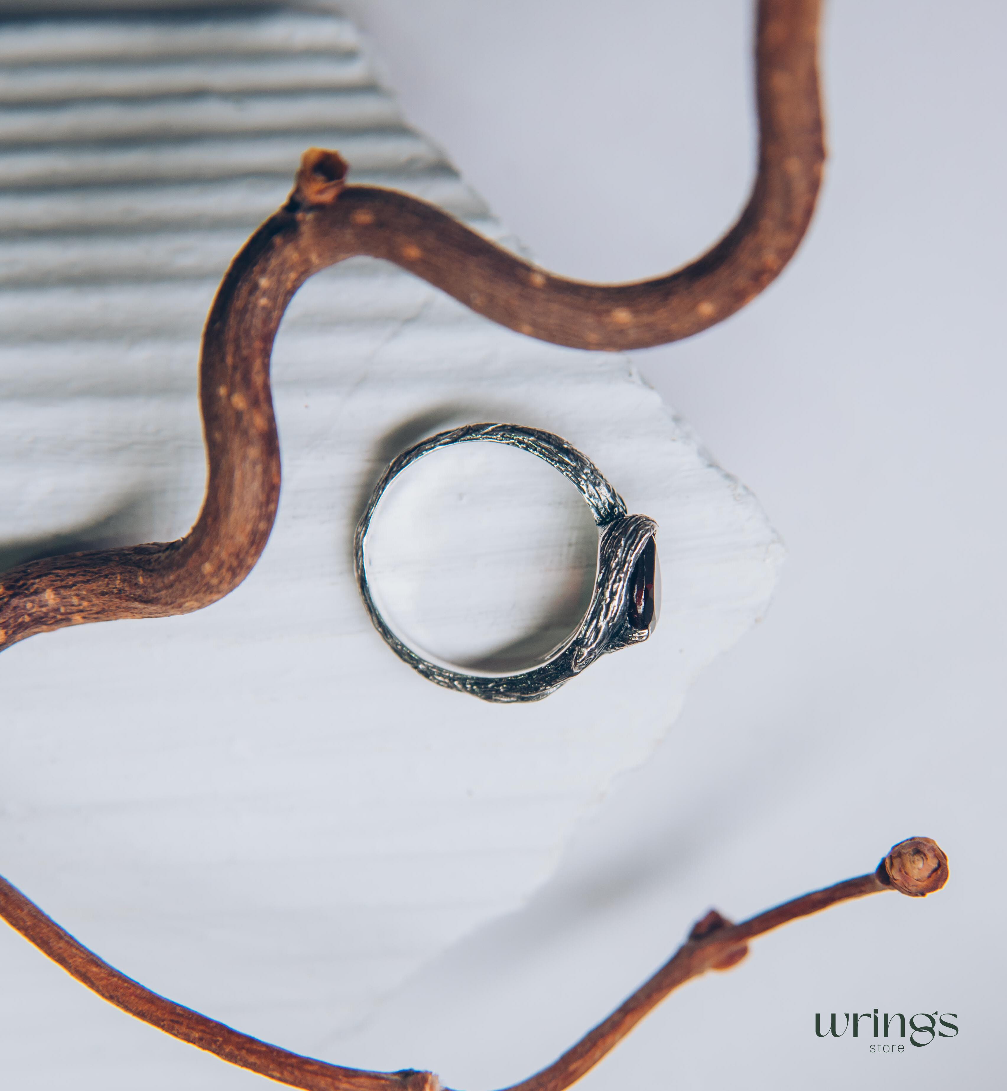Pear Garnet and Silver Branch Engagement Ring
