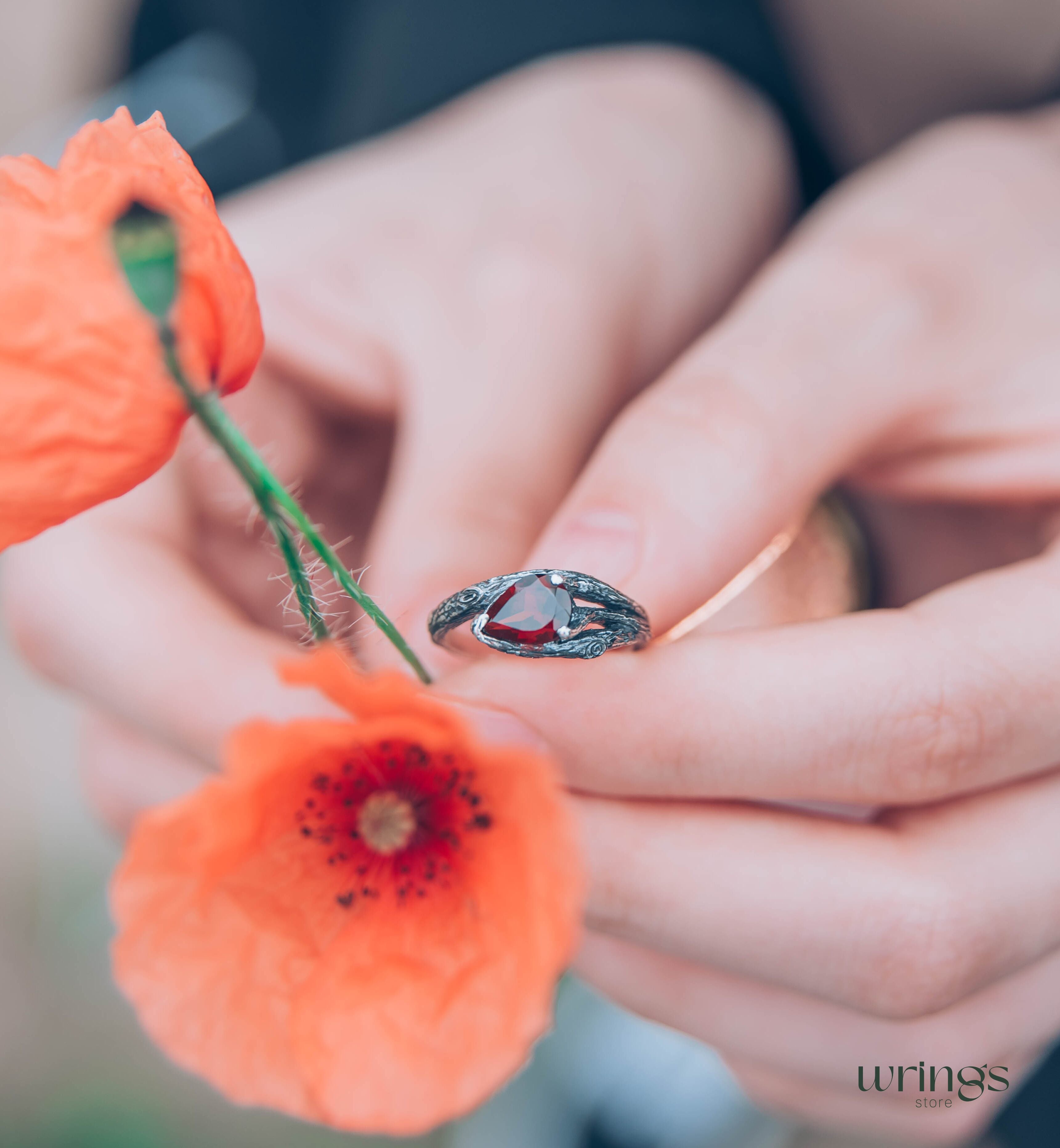Pear Garnet and Silver Branch Engagement Ring