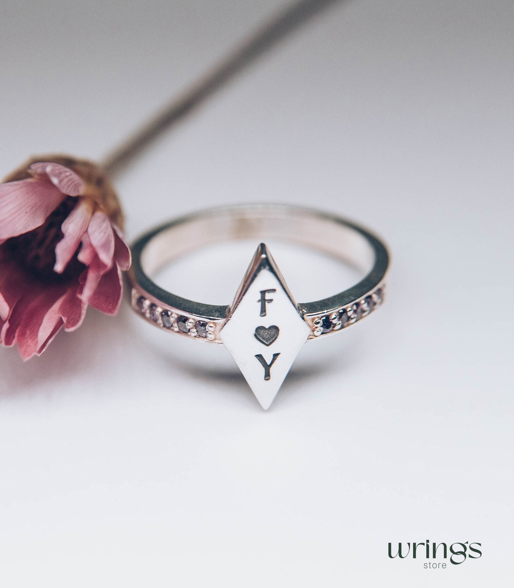 Personalized Promise Ring - Rhombus Head, Amethysts & Letters