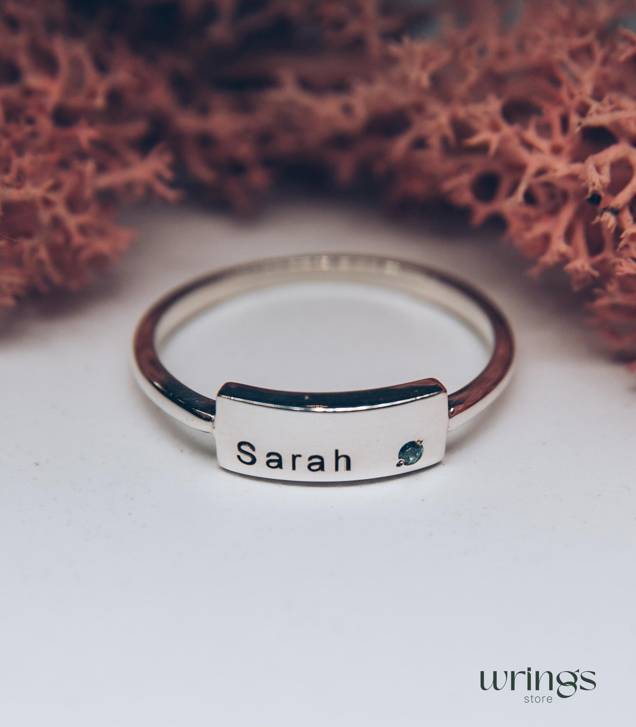 Personalized Silver Name Ring "Sarah" - Topaz & Flat Band