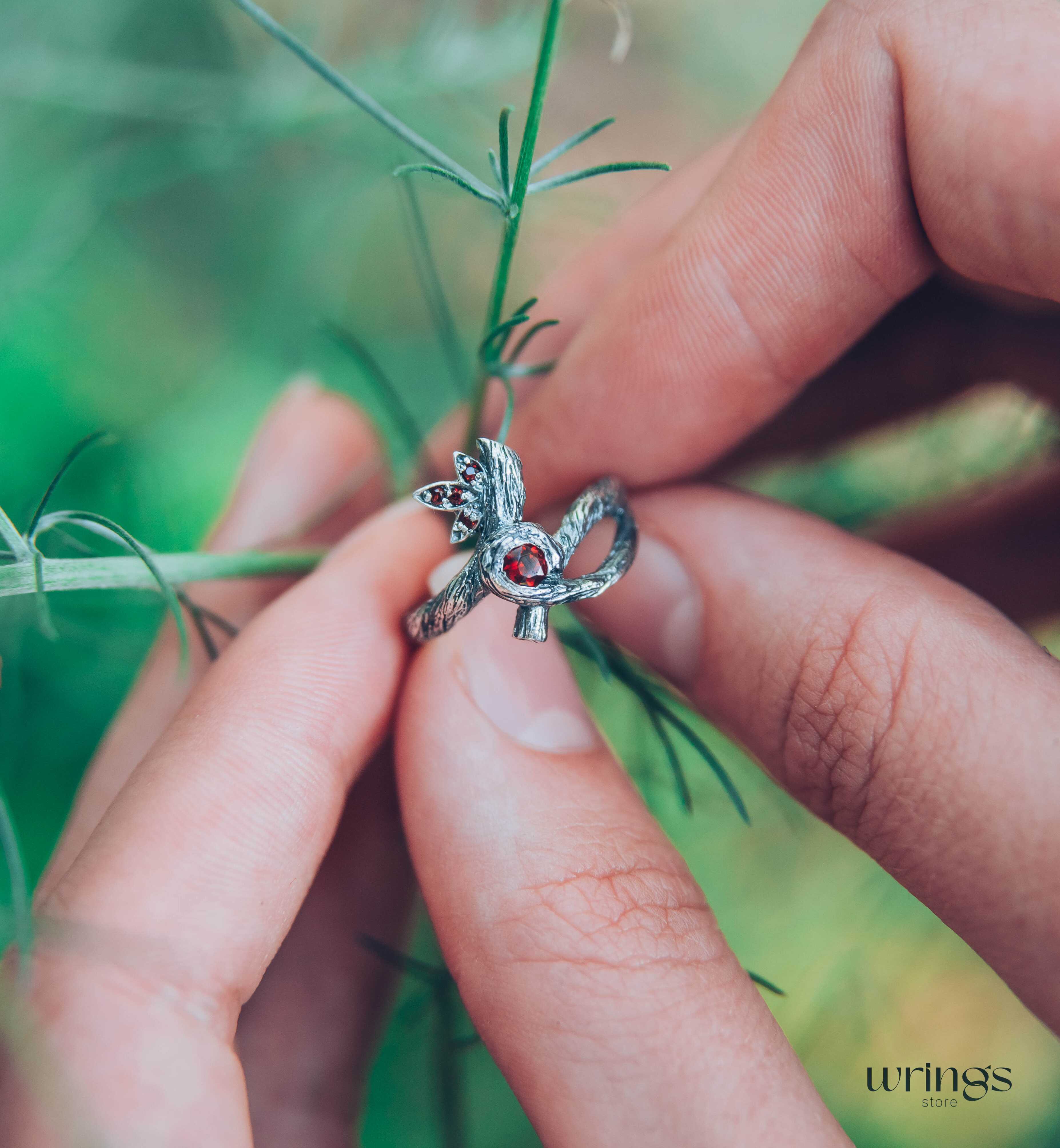 Silver Braided Tree Branch Ring with Dainty Bezel Garnet