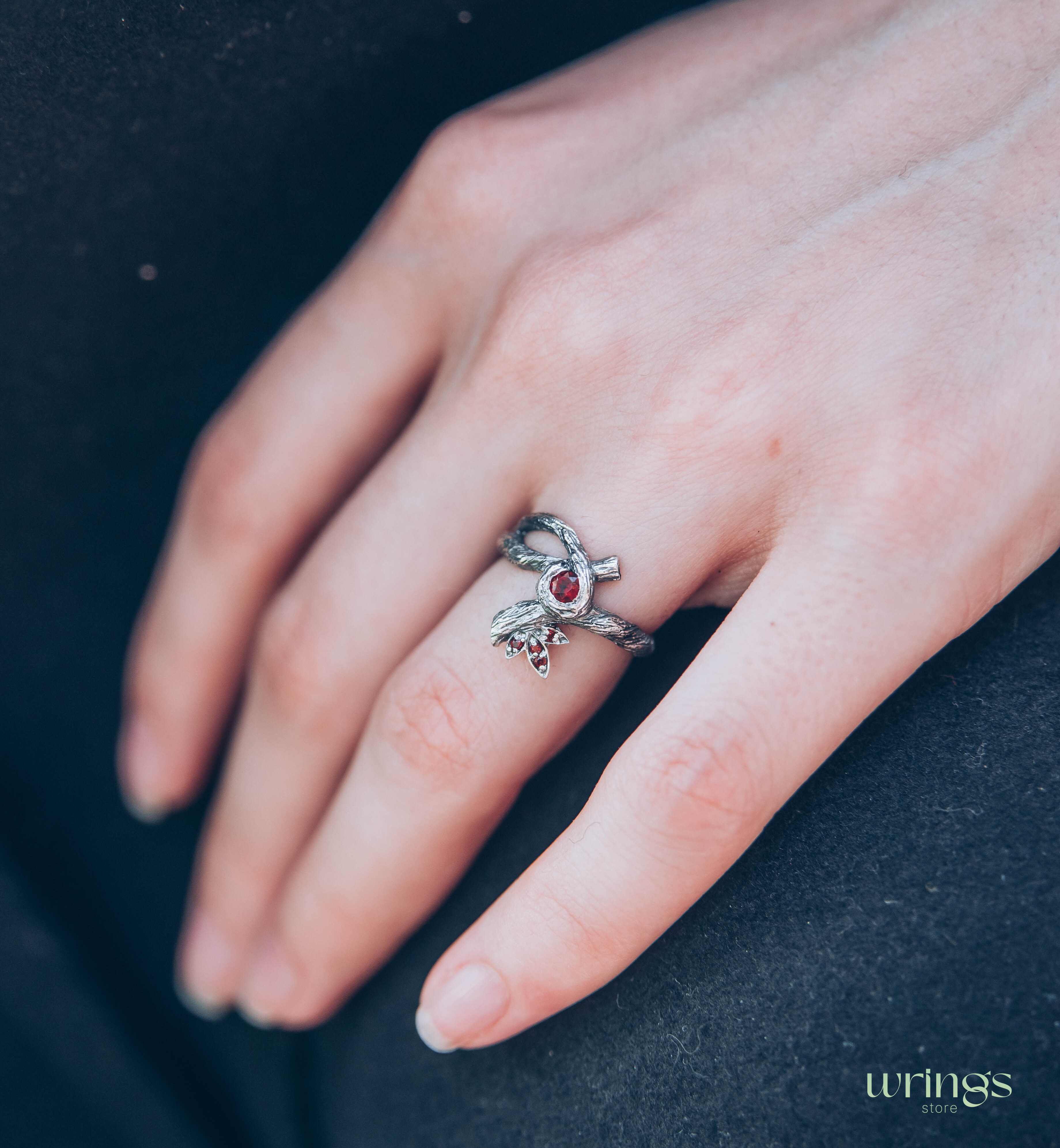 Silver Braided Tree Branch Ring with Dainty Bezel Garnet