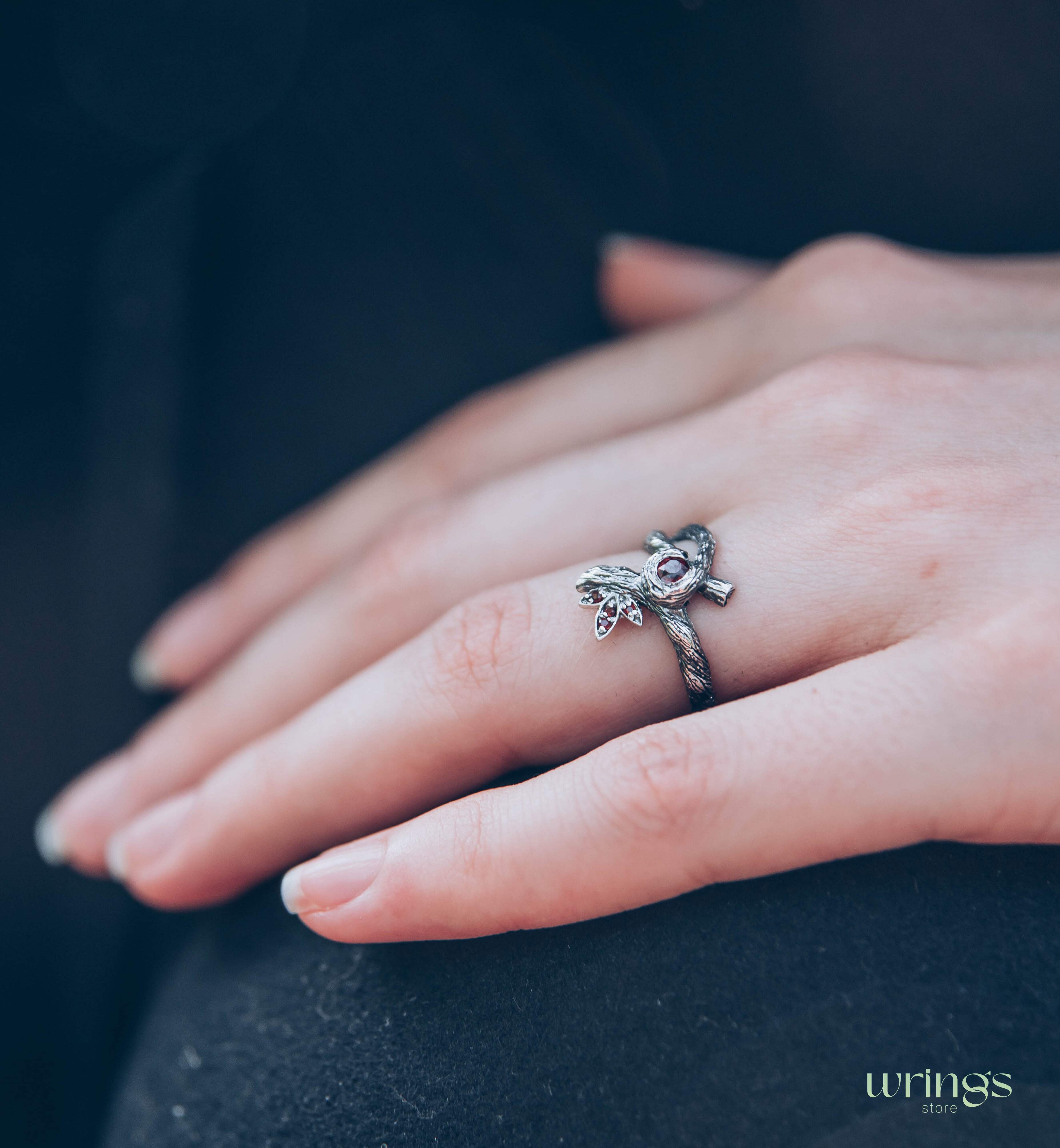 Silver Braided Tree Branch Ring with Dainty Bezel Garnet