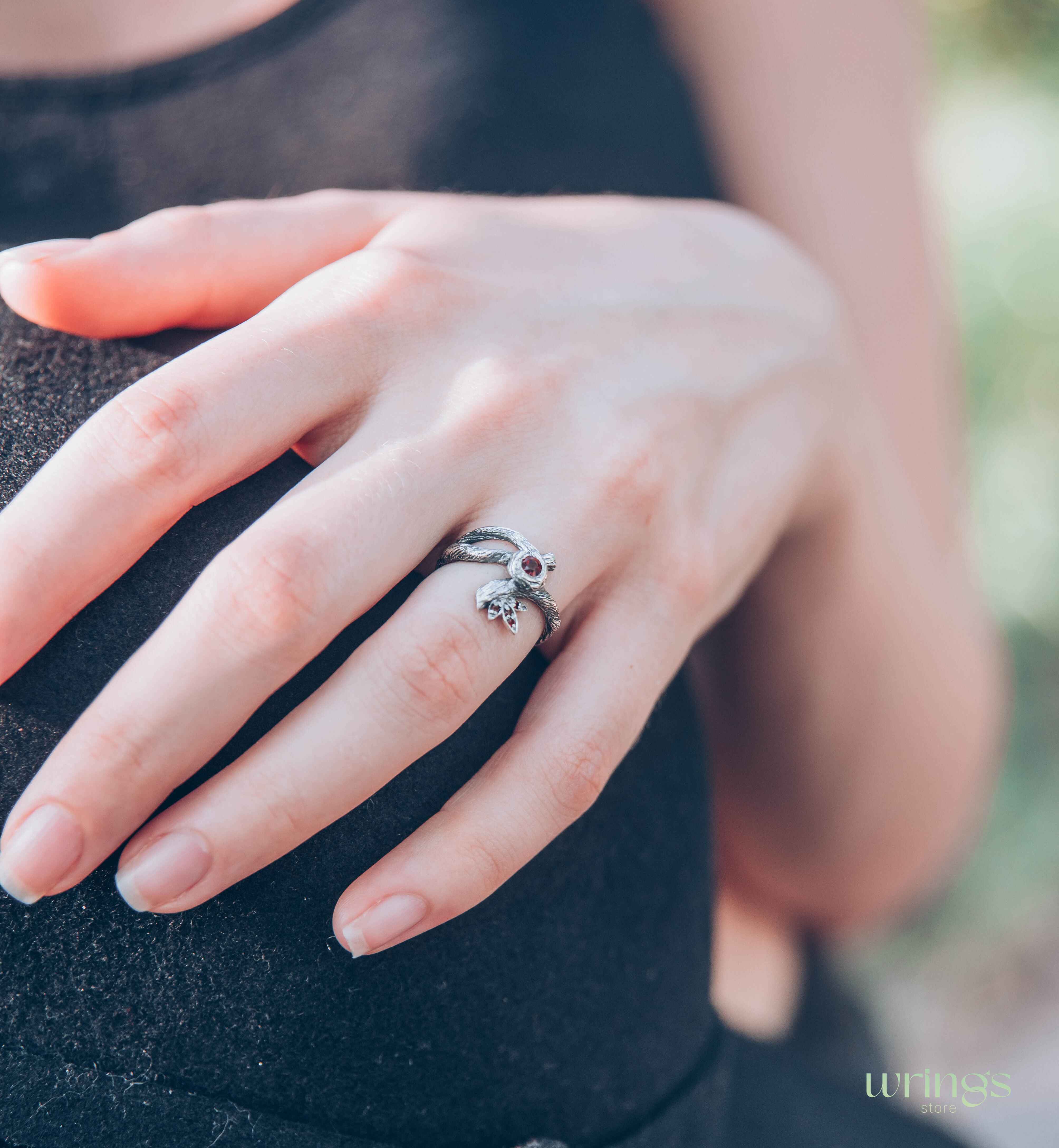 Silver Braided Tree Branch Ring with Dainty Bezel Garnet
