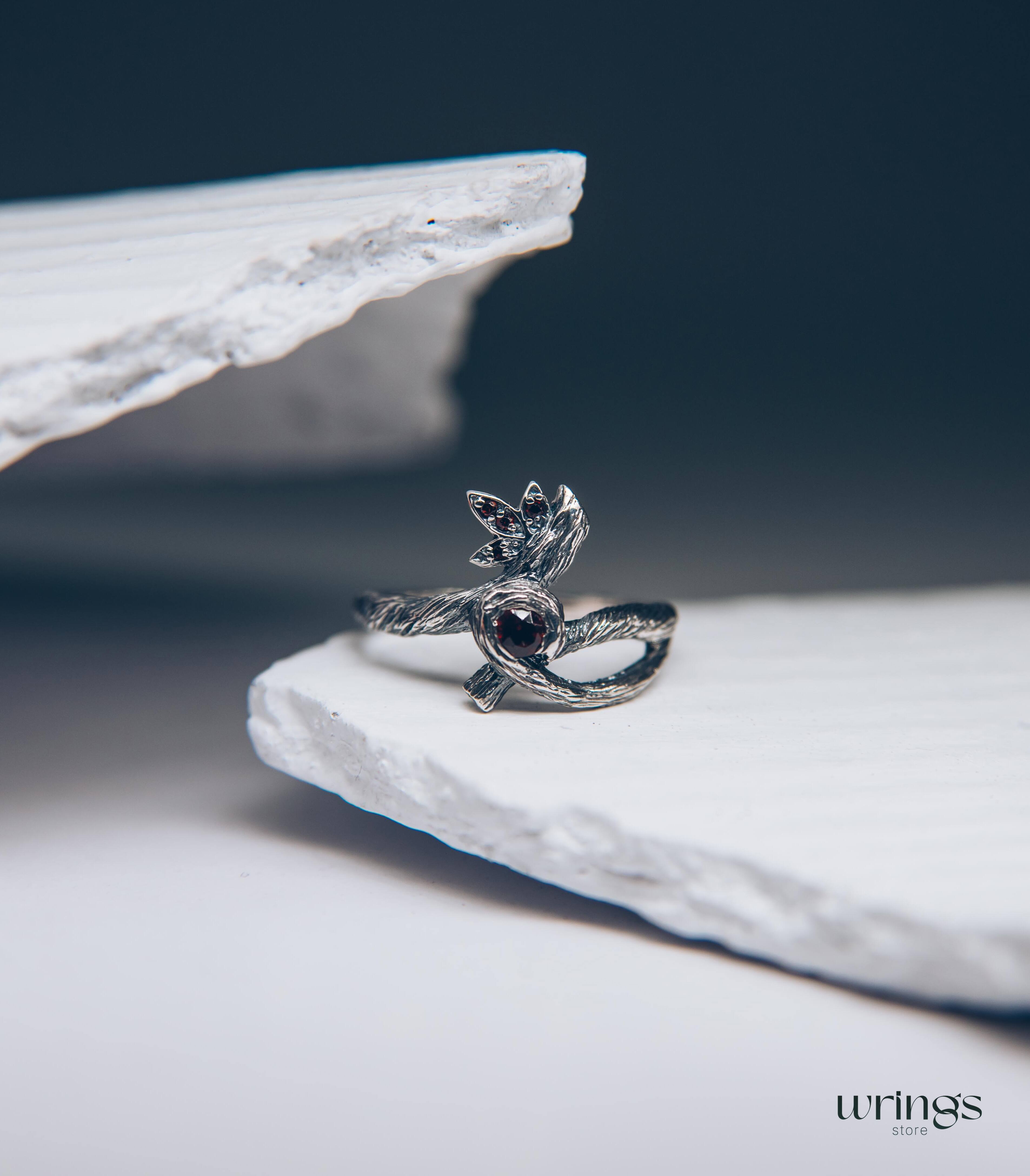 Silver Braided Tree Branch Ring with Dainty Bezel Garnet
