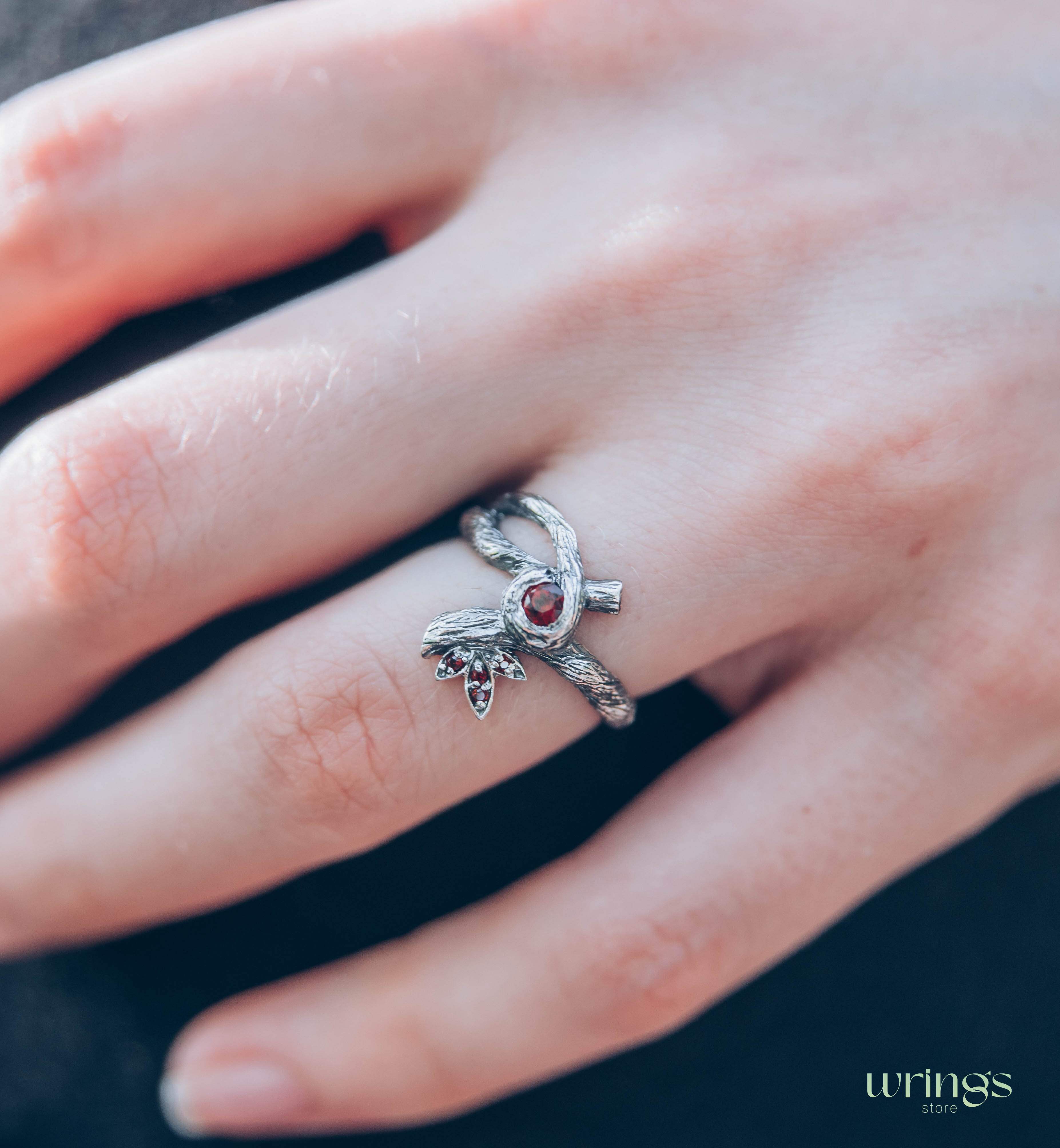 Silver Braided Tree Branch Ring with Dainty Bezel Garnet