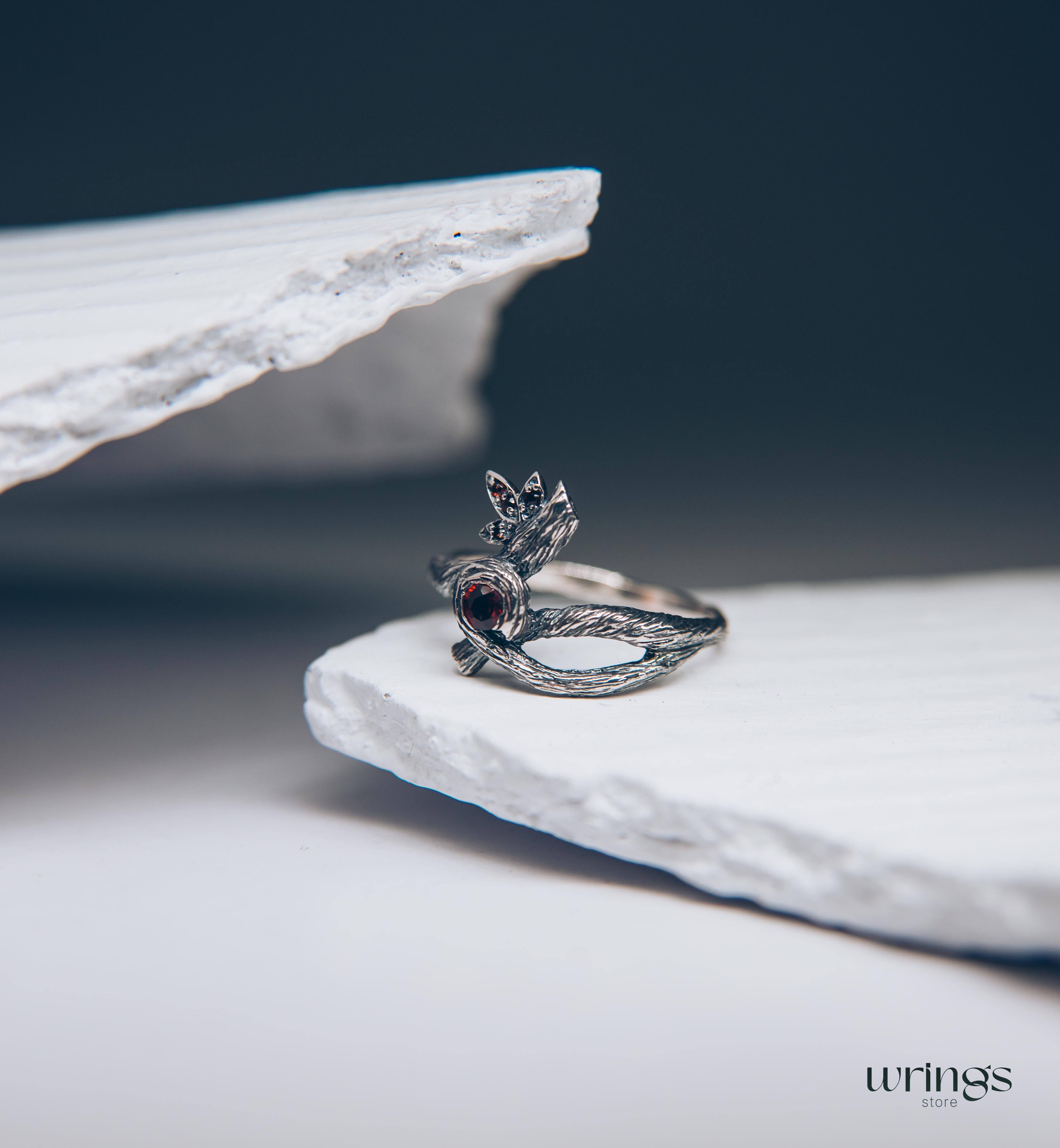 Silver Braided Tree Branch Ring with Dainty Bezel Garnet