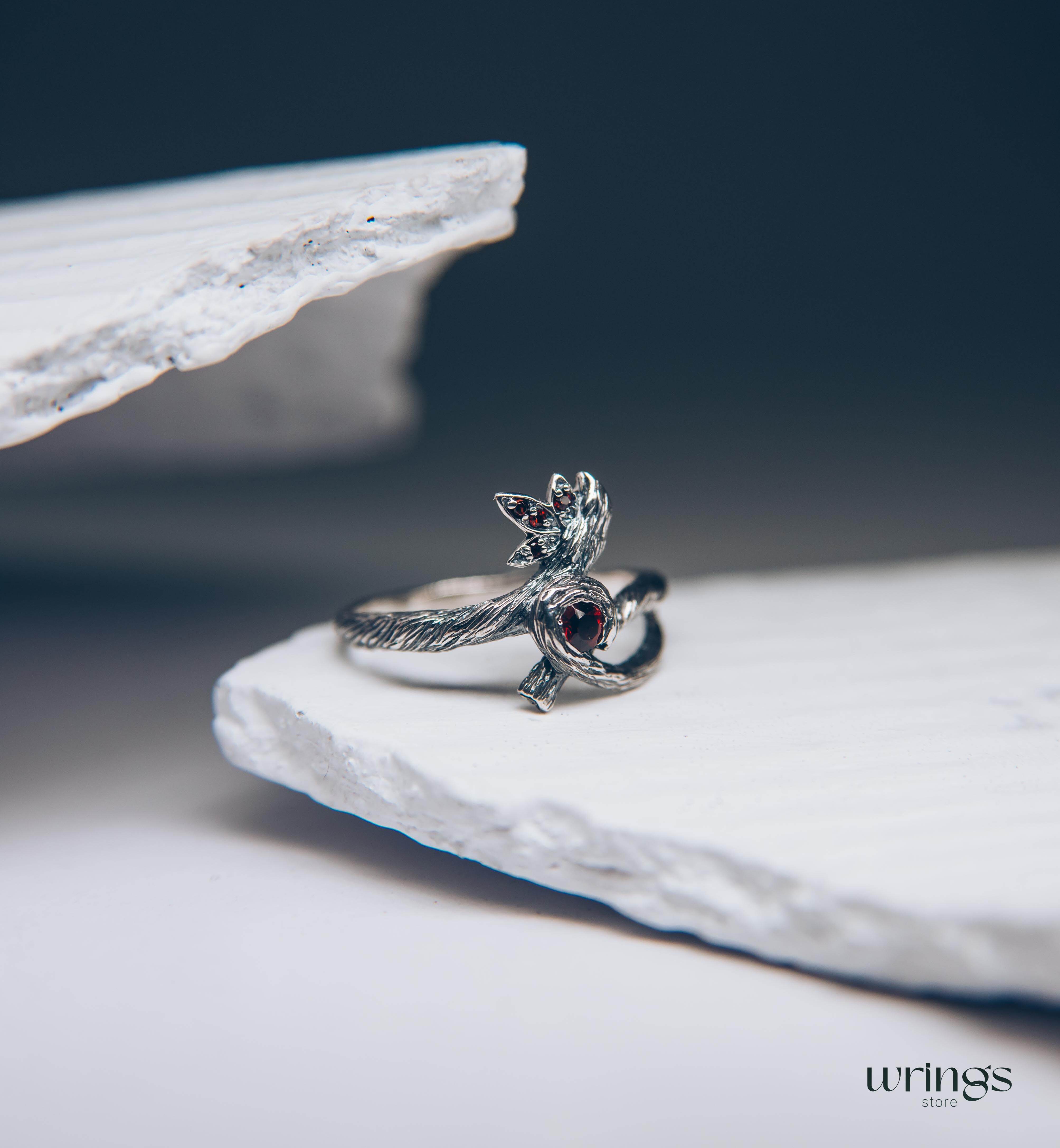 Silver Braided Tree Branch Ring with Dainty Bezel Garnet