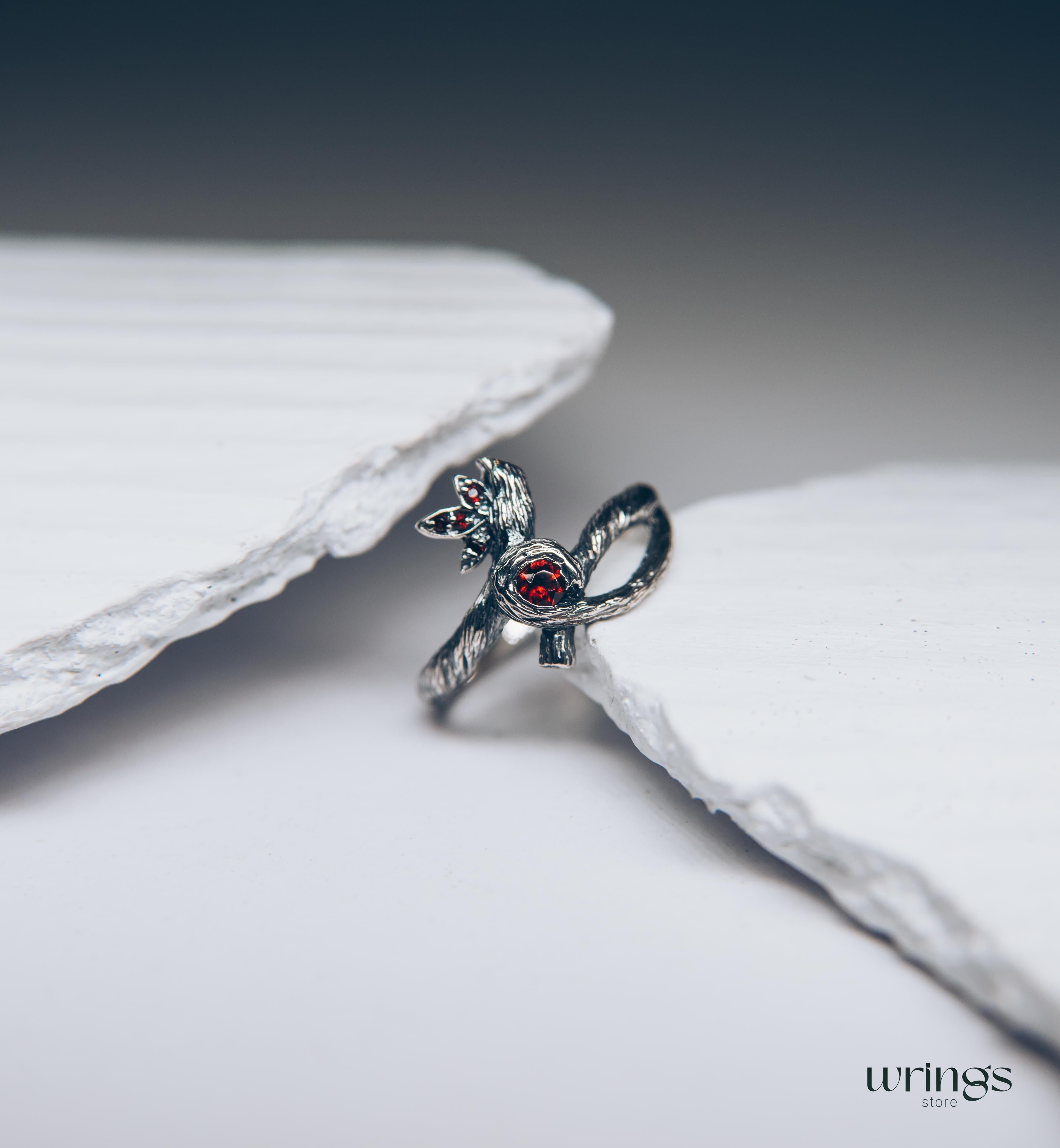 Silver Braided Tree Branch Ring with Dainty Bezel Garnet