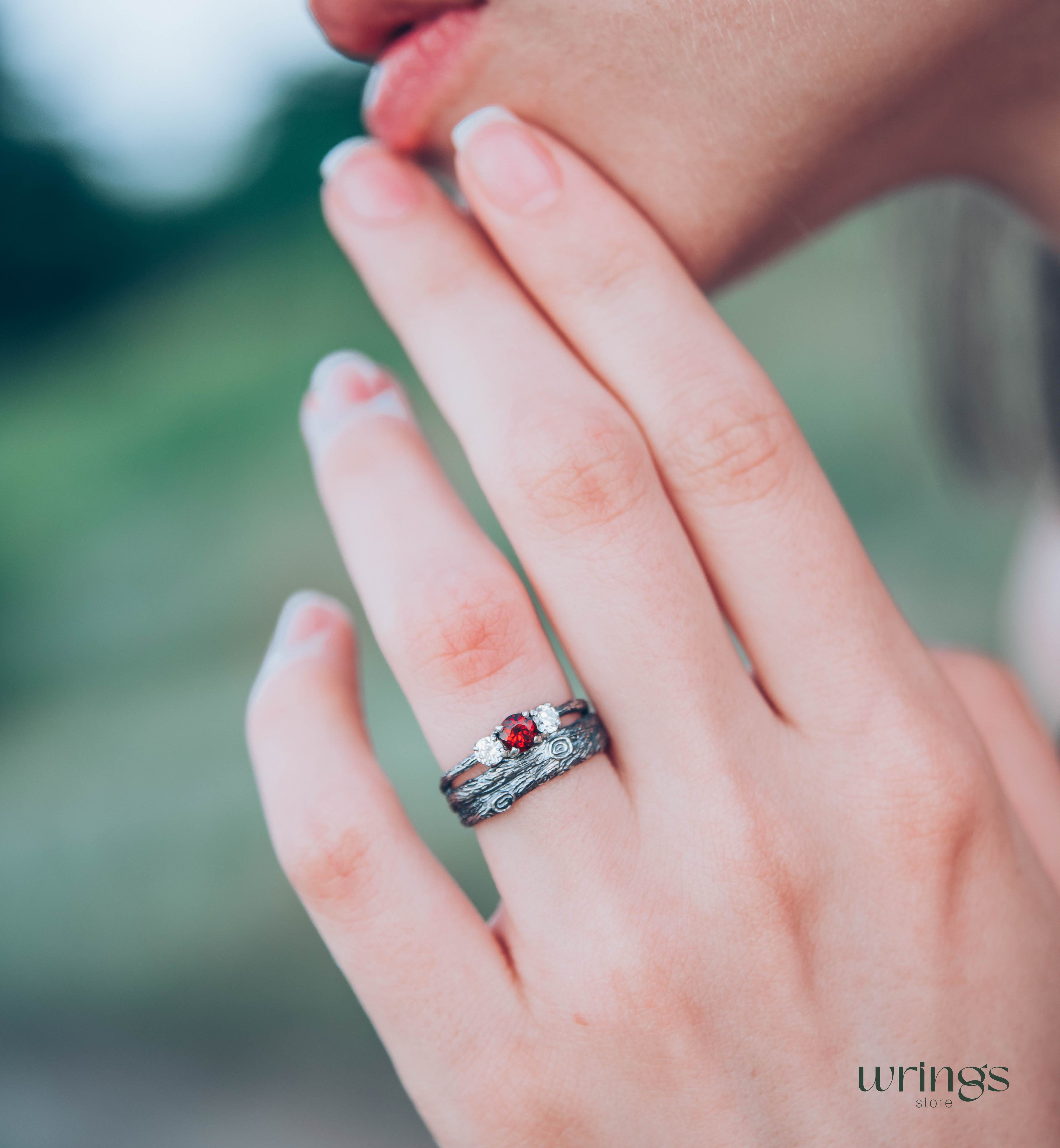 Silver Branch Engagement Ring with Garnet and Side stones