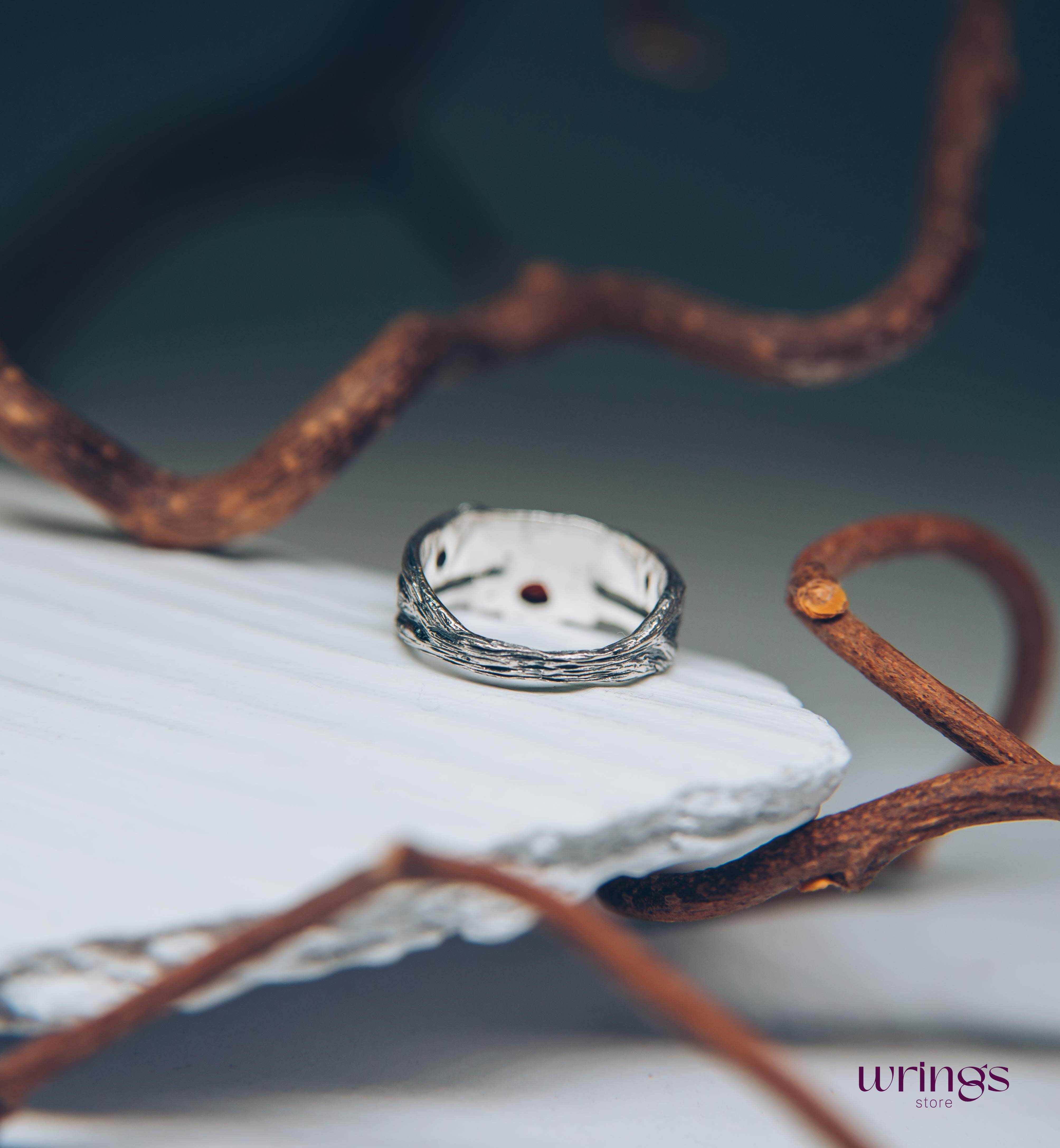 Silver Branch Engagement Ring with Garnet and Side stones