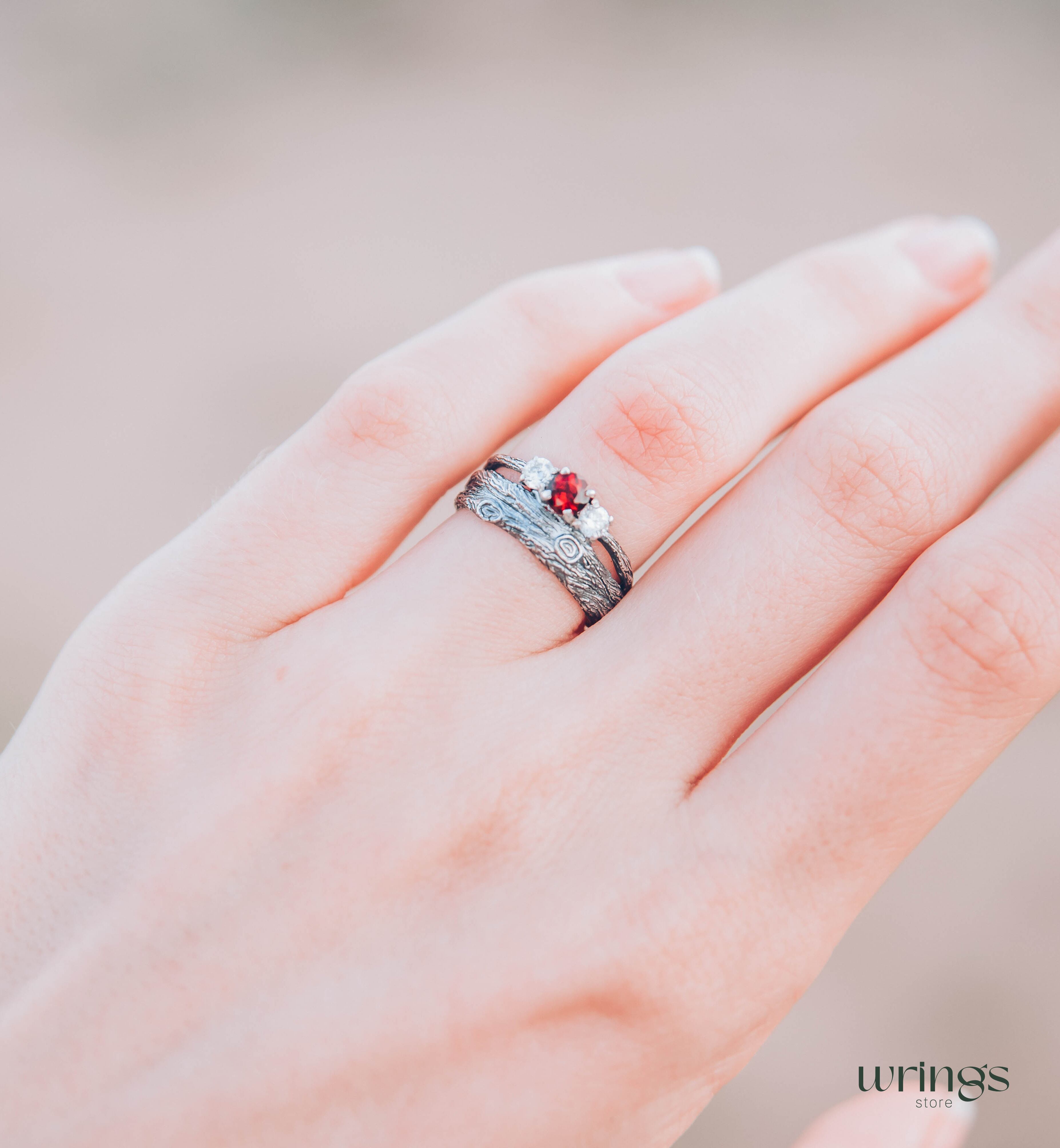 Silver Branch Engagement Ring with Garnet and Side stones