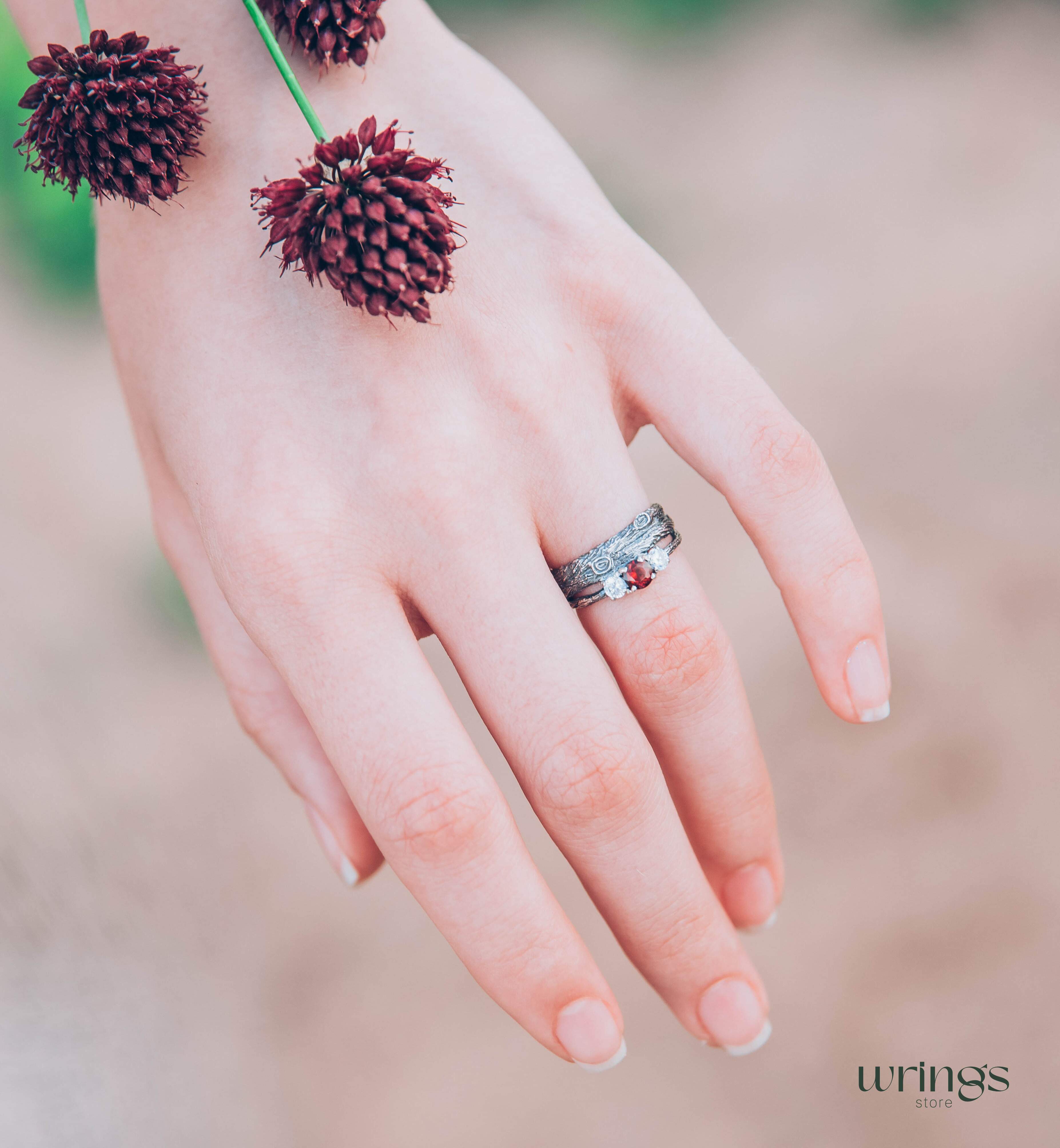 Silver Branch Engagement Ring with Garnet and Side stones