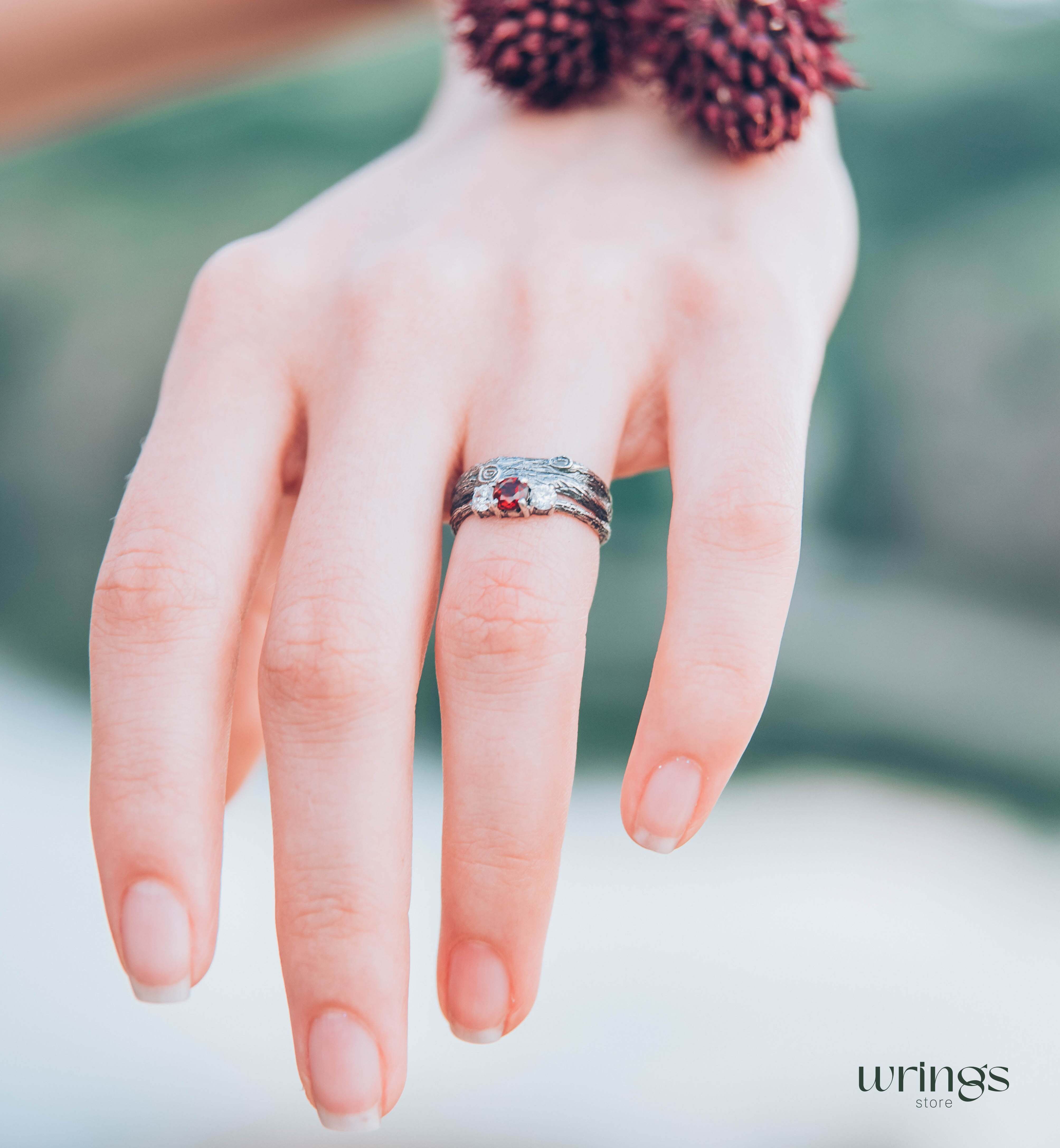 Silver Branch Engagement Ring with Garnet and Side stones