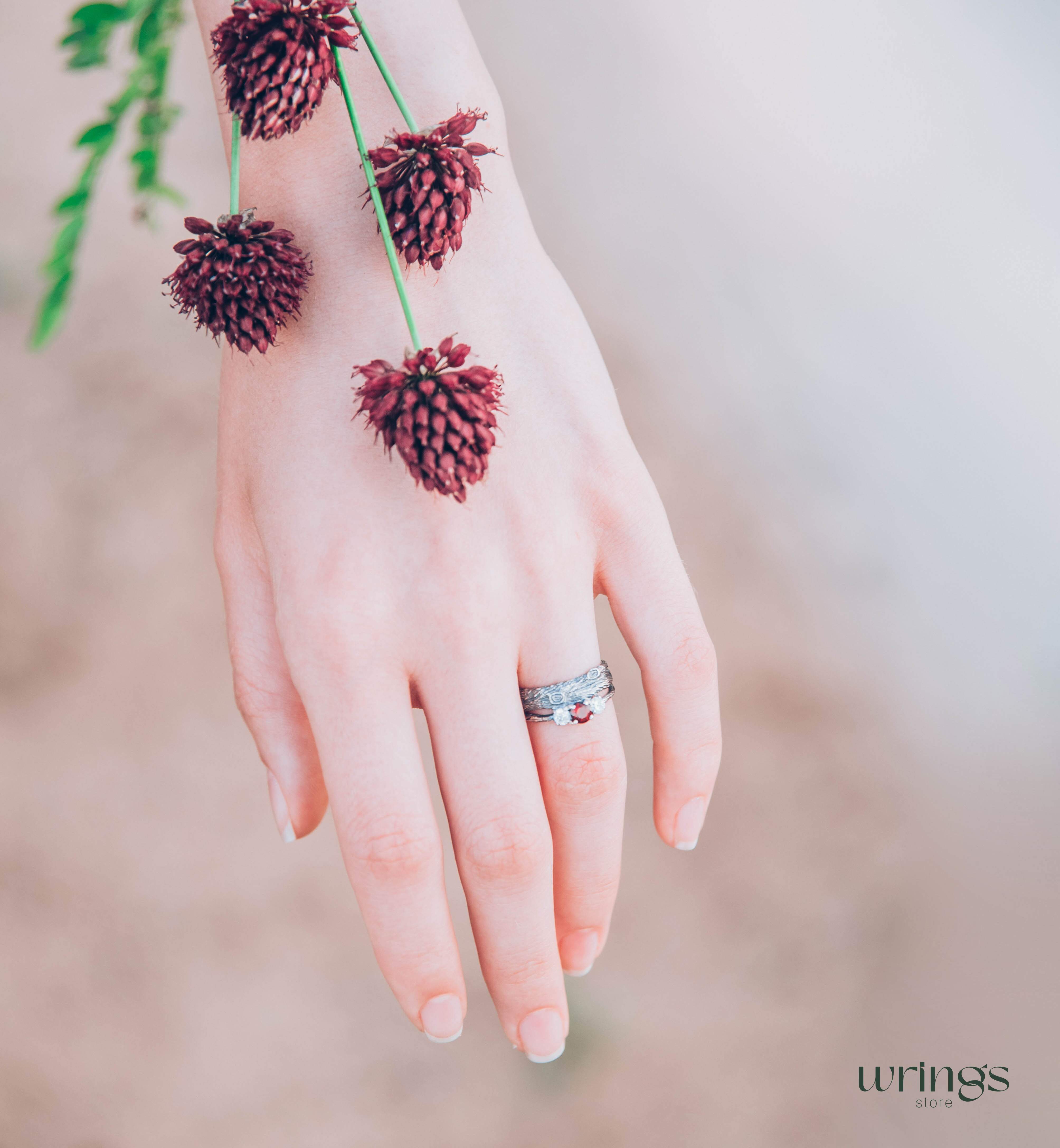 Silver Branch Engagement Ring with Garnet and Side stones