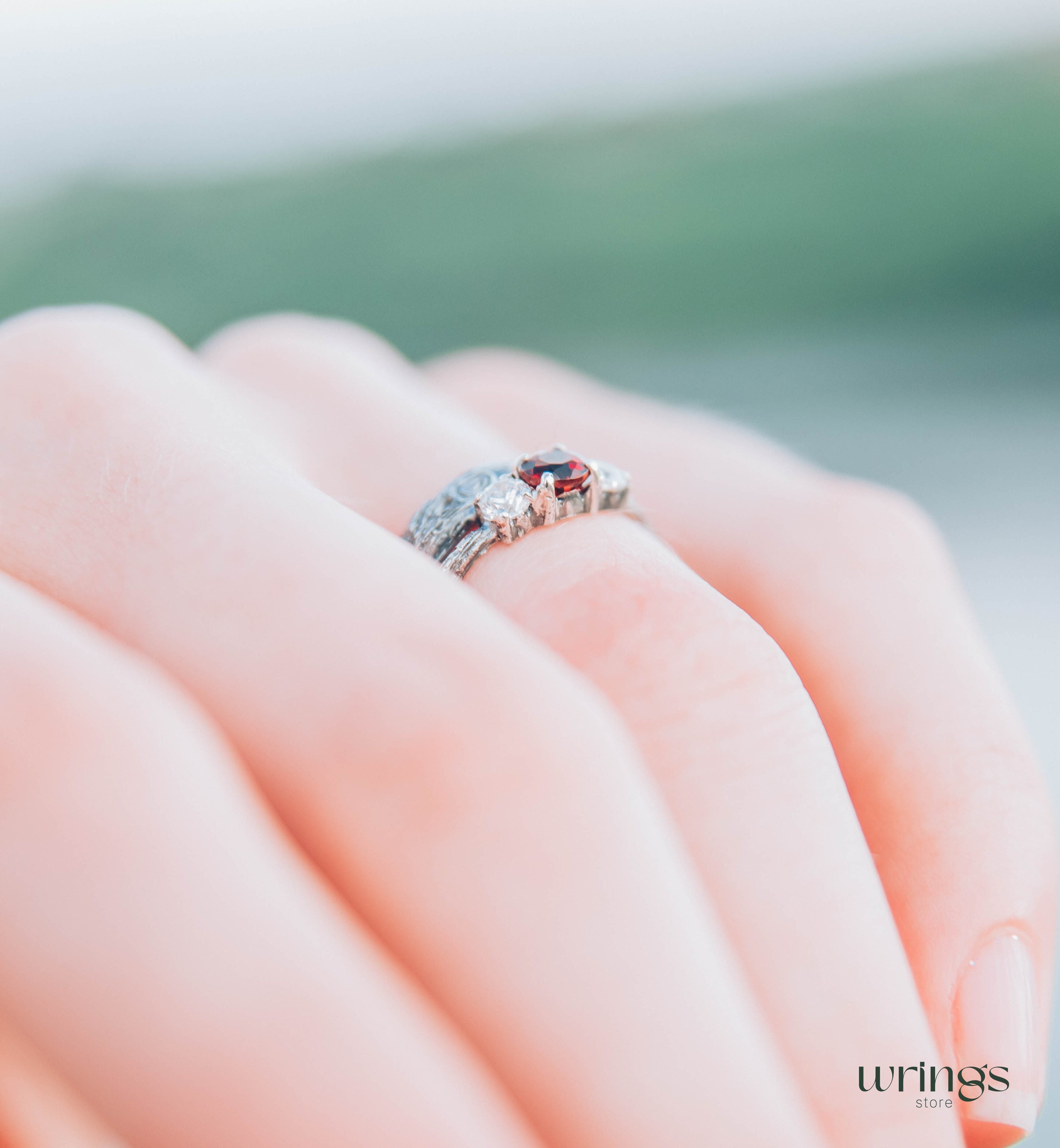 Silver Branch Engagement Ring with Garnet and Side stones