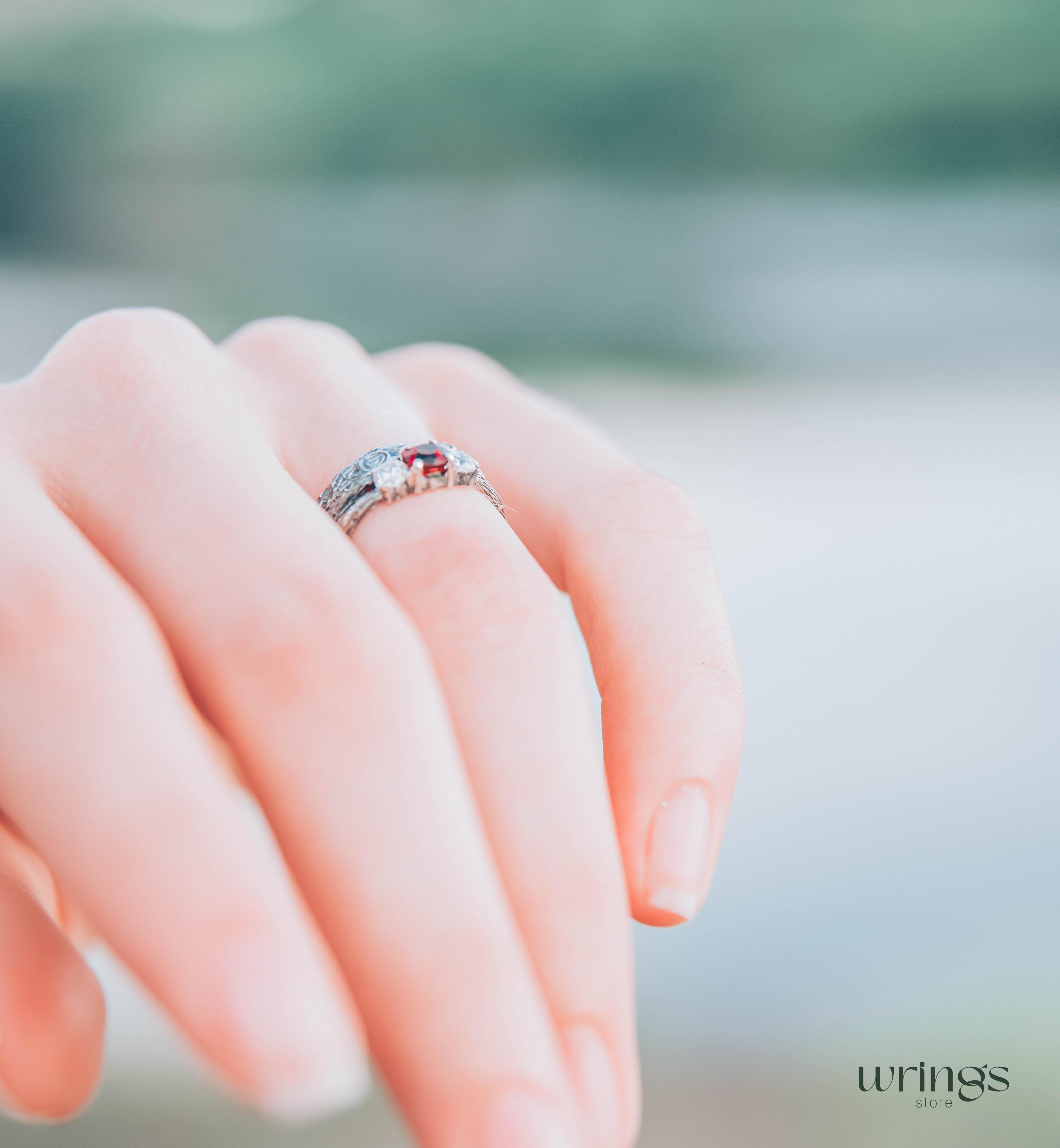 Silver Branch Engagement Ring with Garnet and Side stones