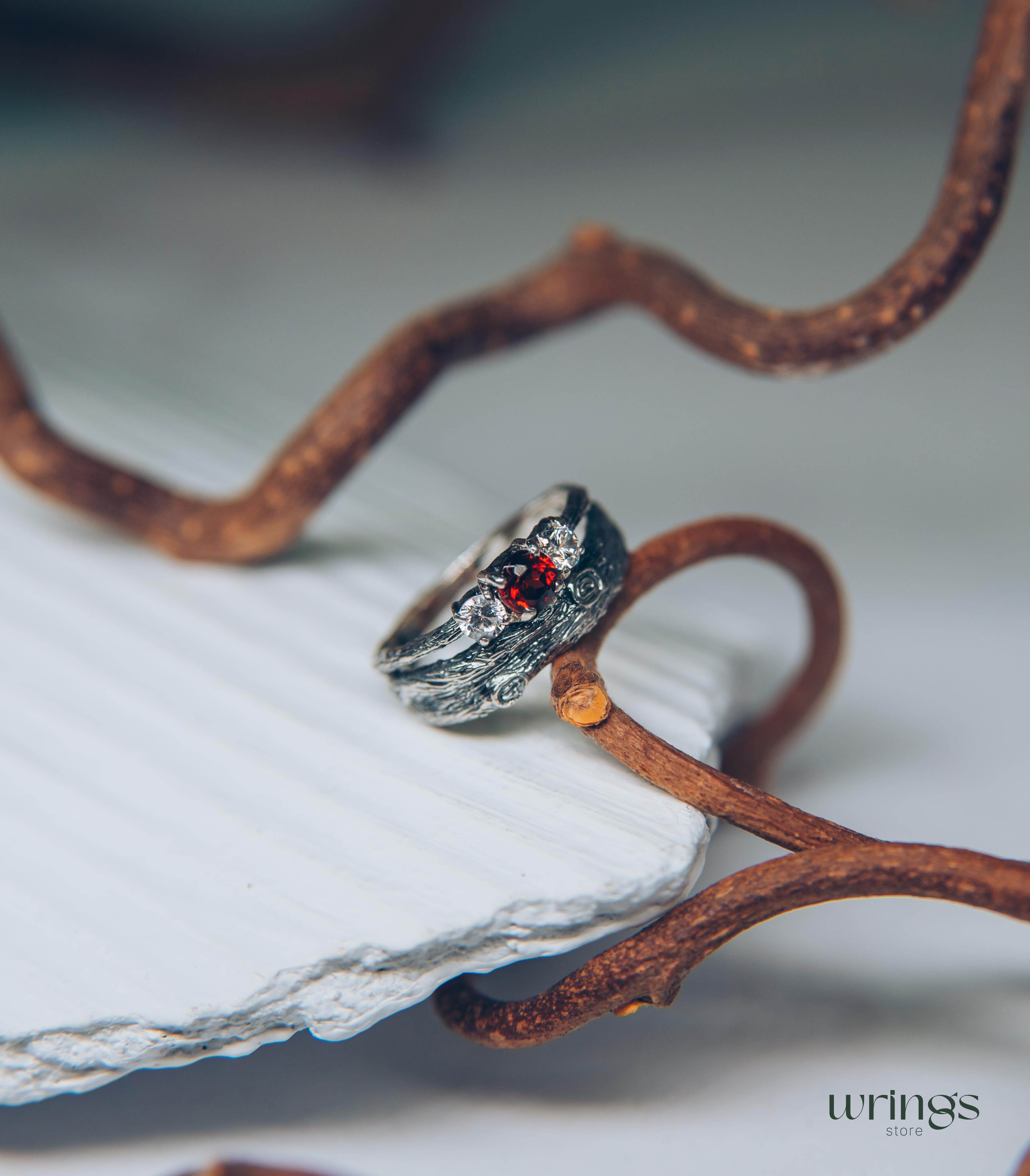 Silver Branch Engagement Ring with Garnet and Side stones