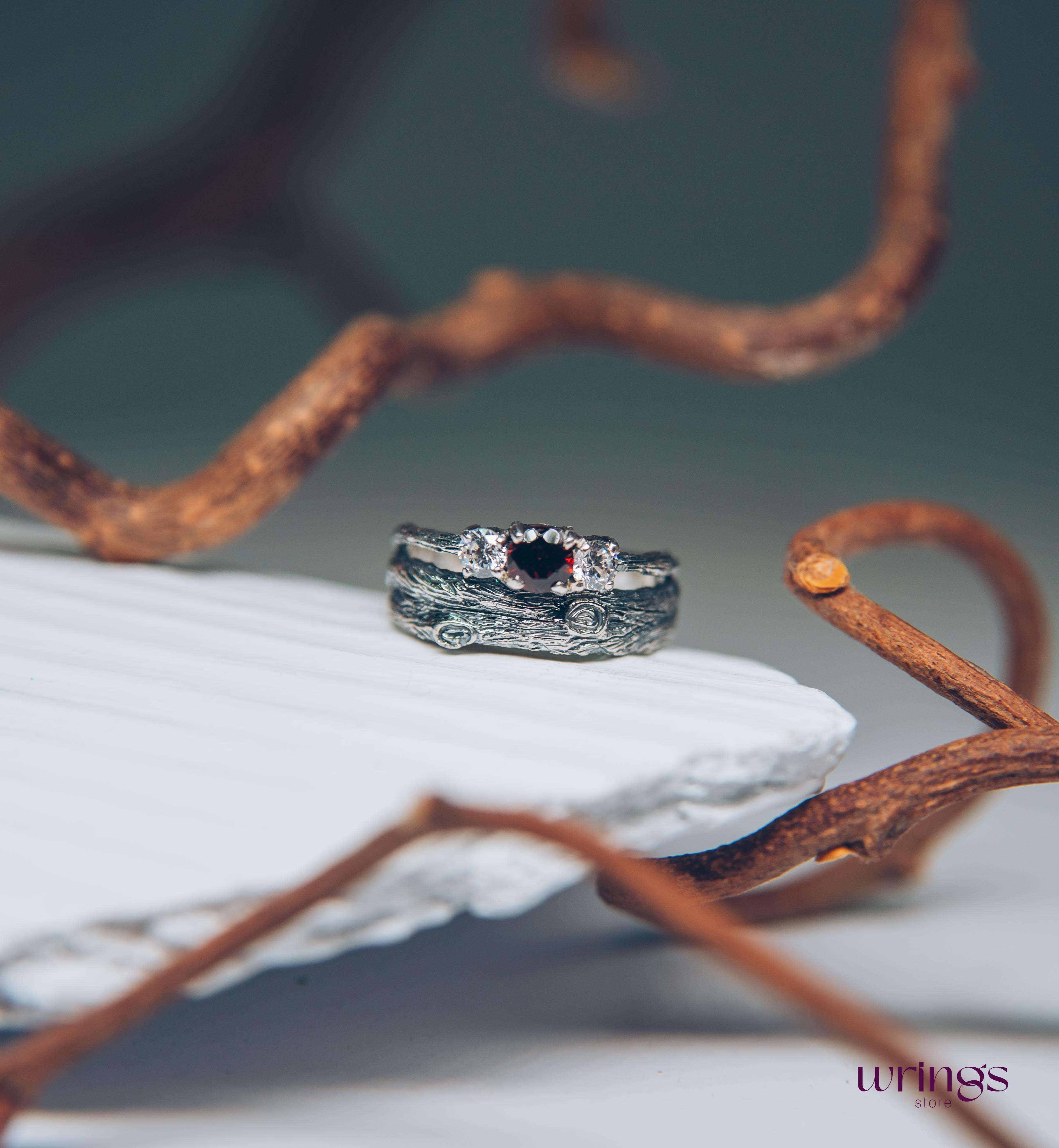 Silver Branch Engagement Ring with Garnet and Side stones