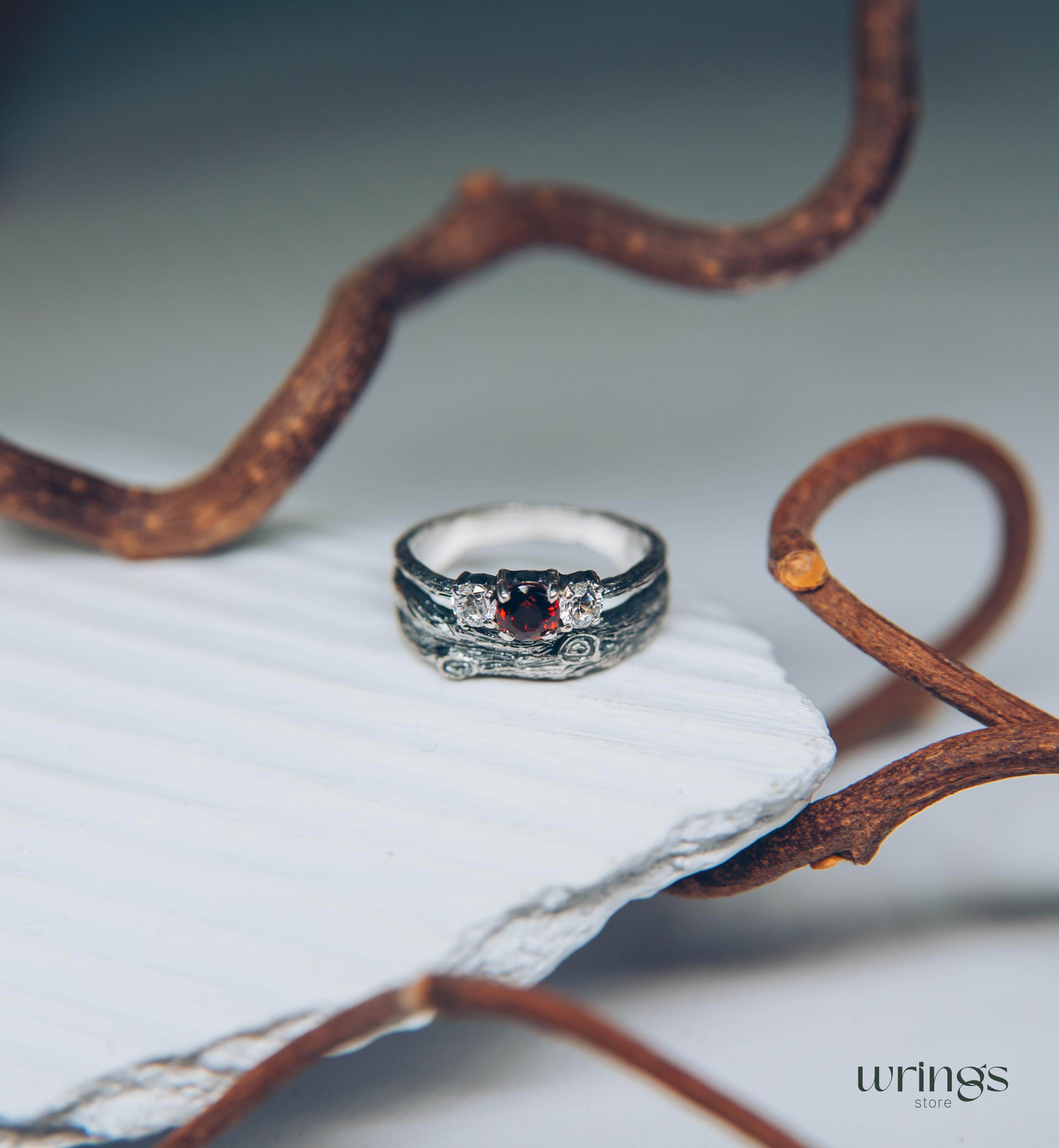 Silver Branch Engagement Ring with Garnet and Side stones
