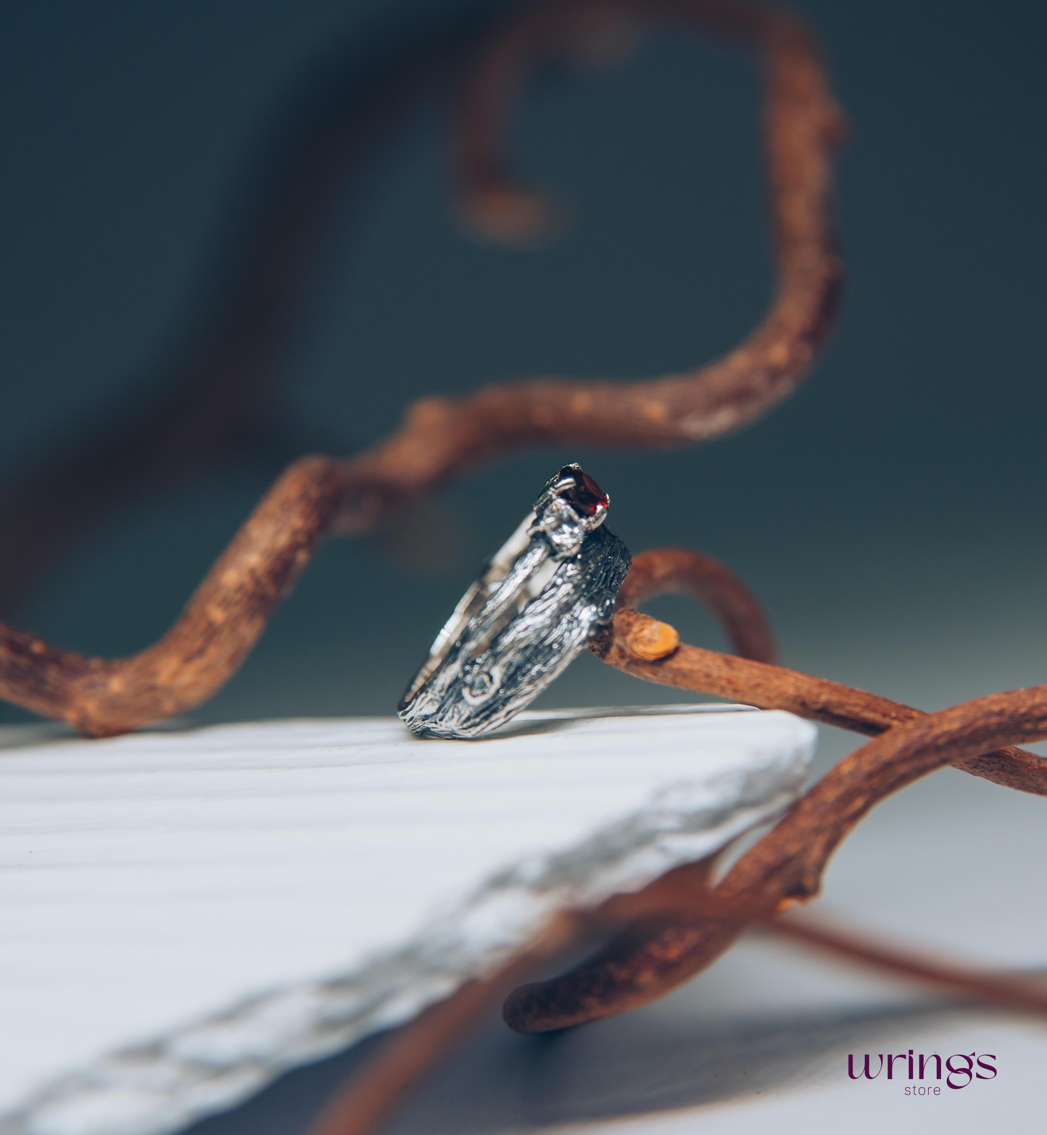 Silver Branch Engagement Ring with Garnet and Side stones
