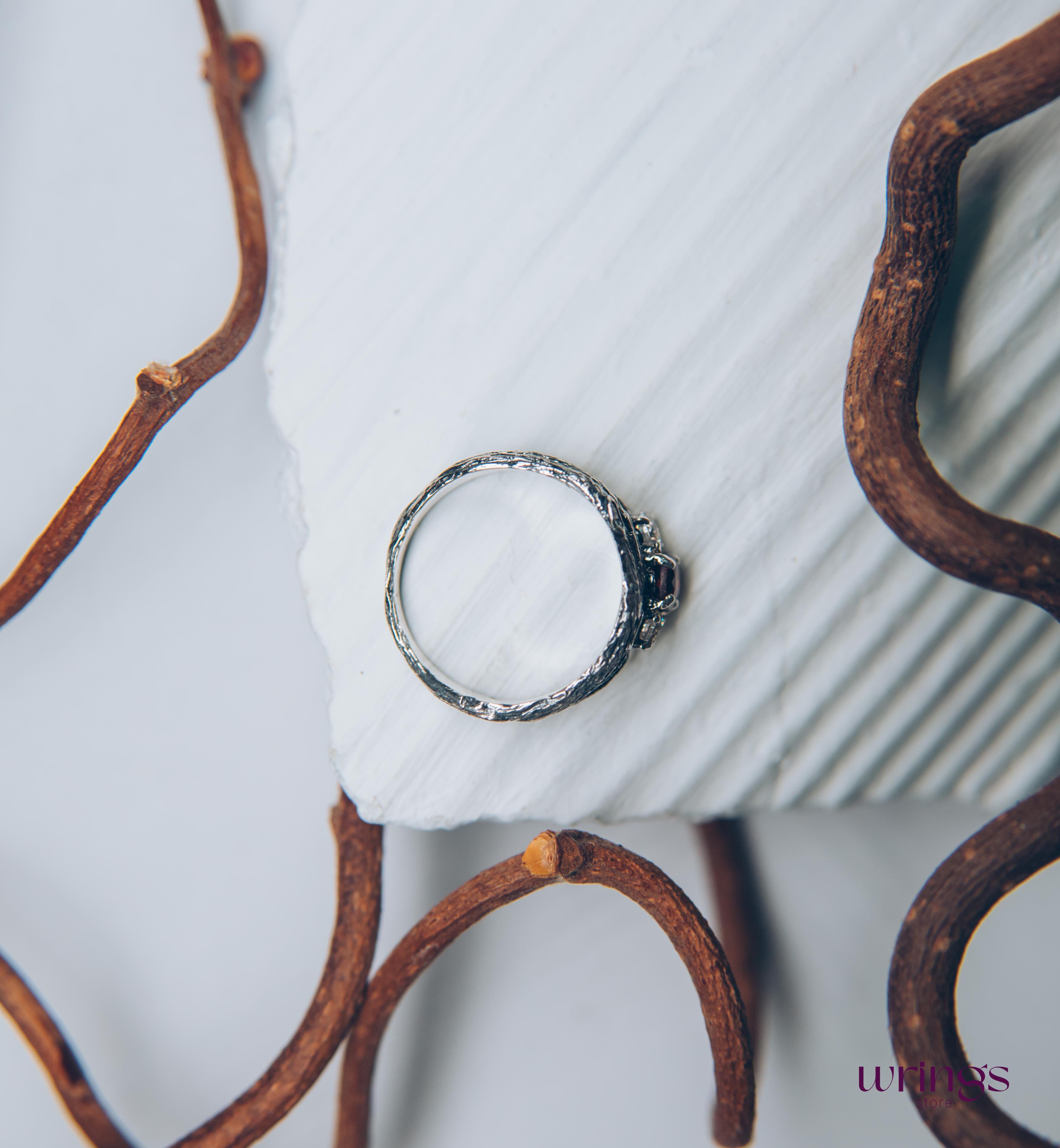 Silver Branch Engagement Ring with Garnet and Side stones