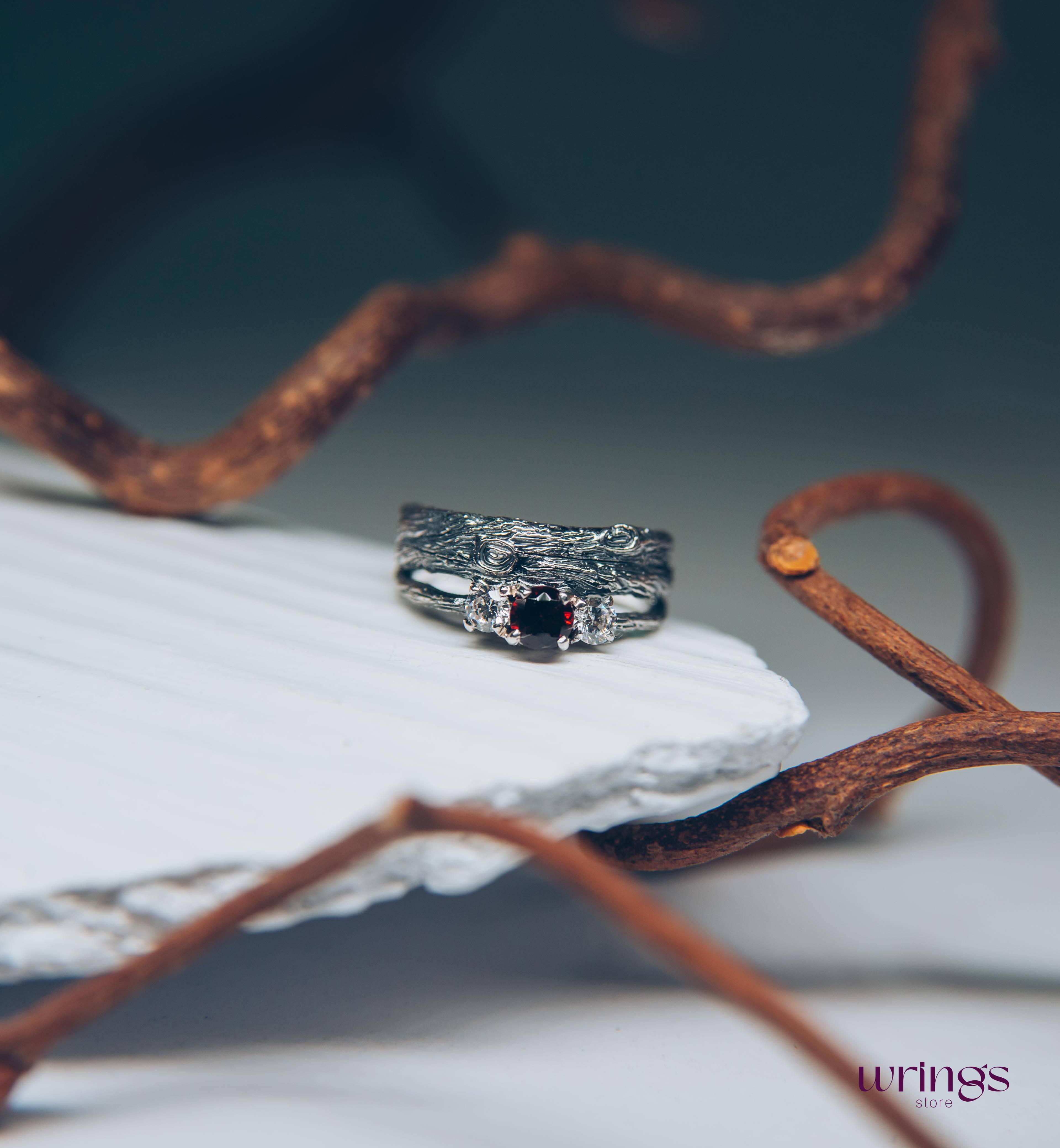Silver Branch Engagement Ring with Garnet and Side stones