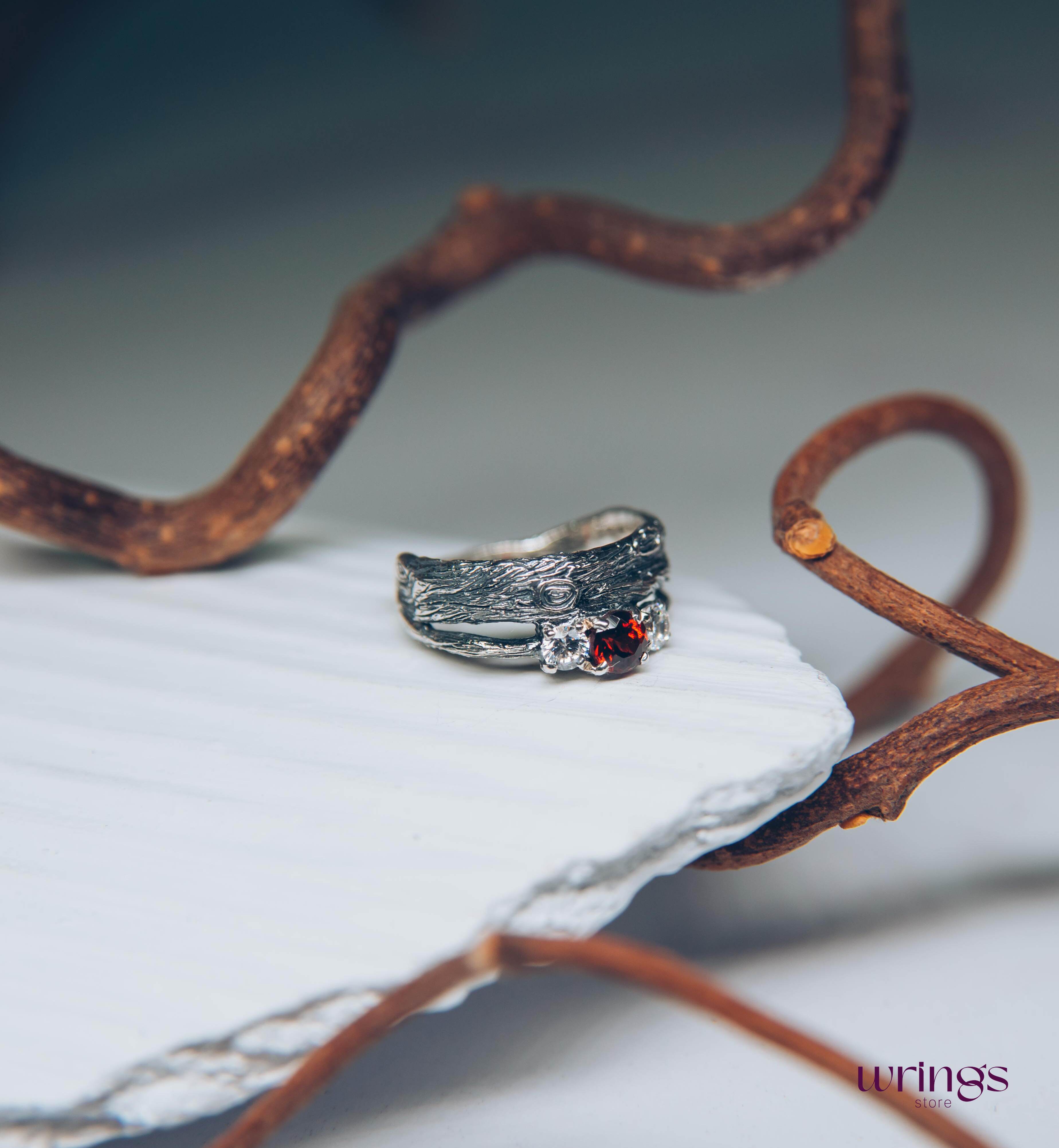 Silver Branch Engagement Ring with Garnet and Side stones