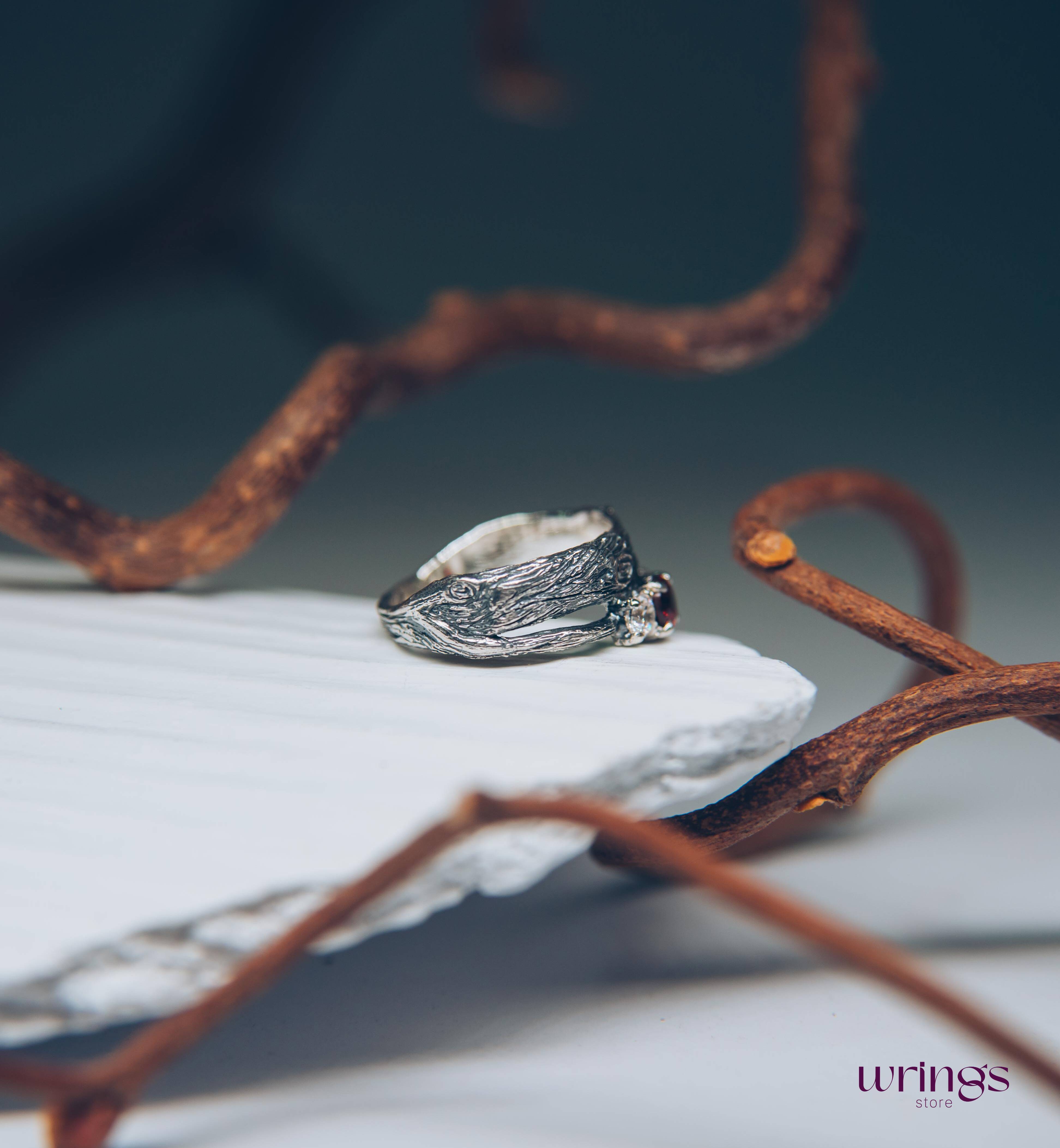 Silver Branch Engagement Ring with Garnet and Side stones