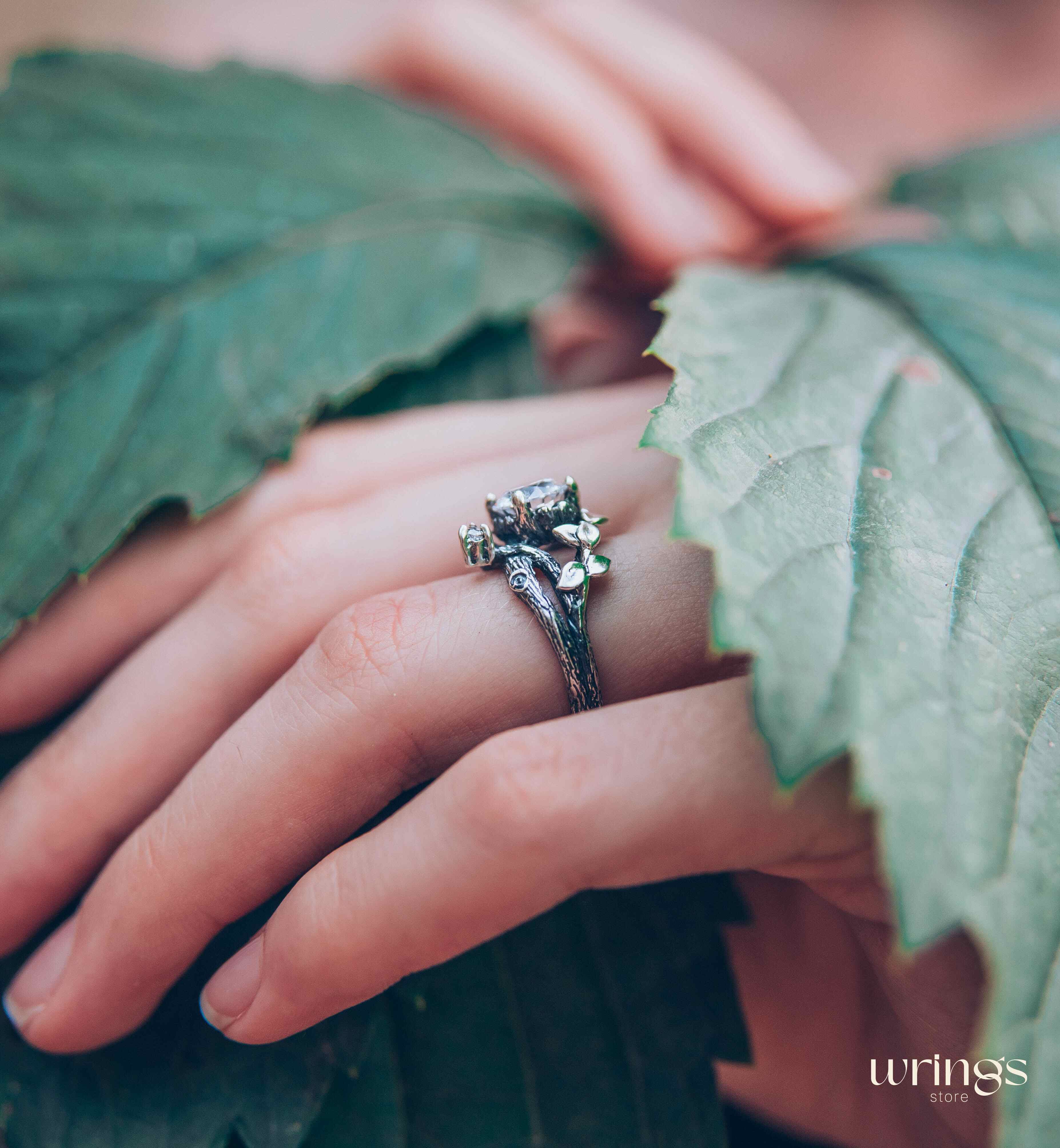 Silver Branch Engagement Ring with Large Gemstone and Leaves
