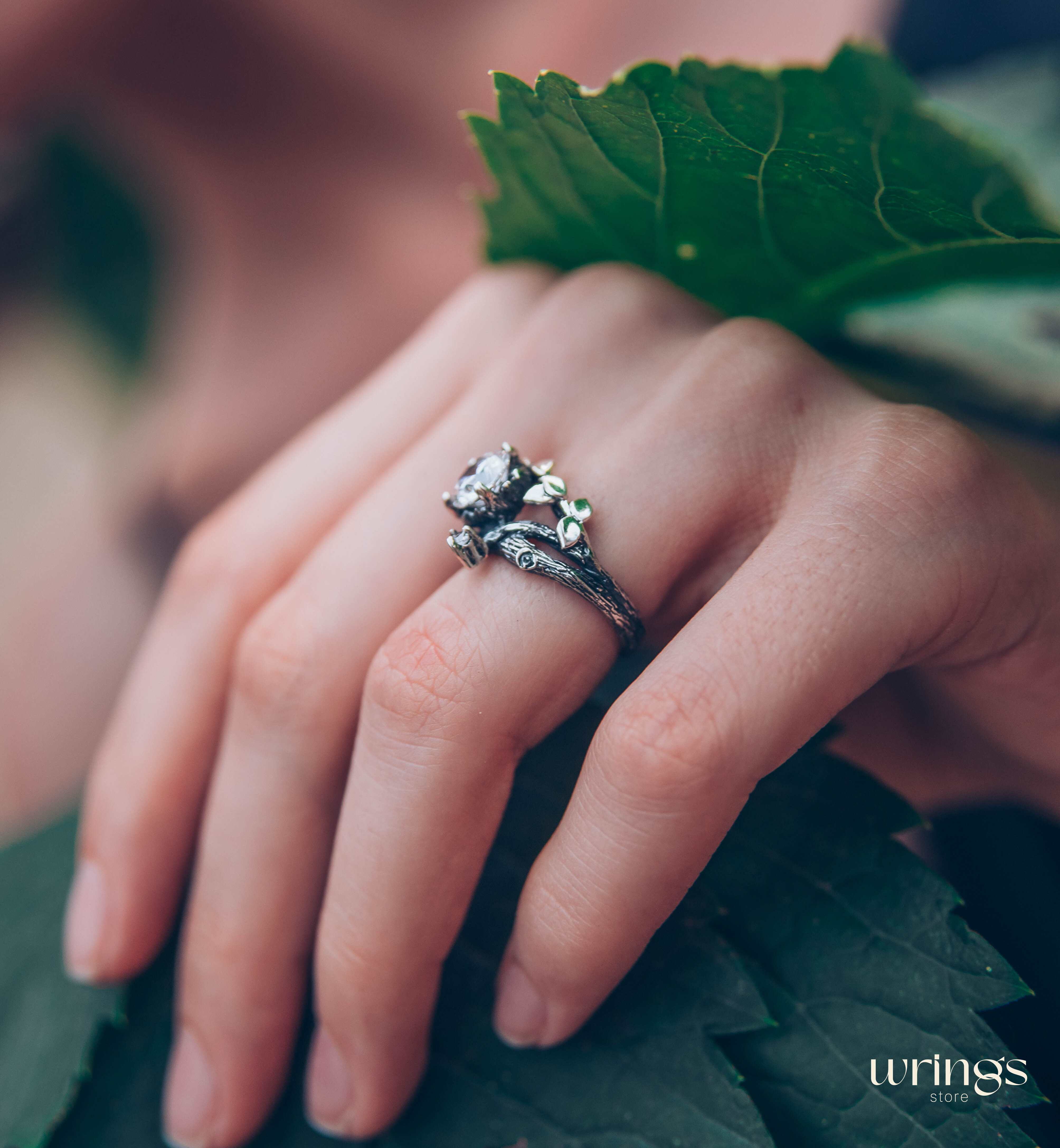 Silver Branch Engagement Ring with Large Gemstone and Leaves