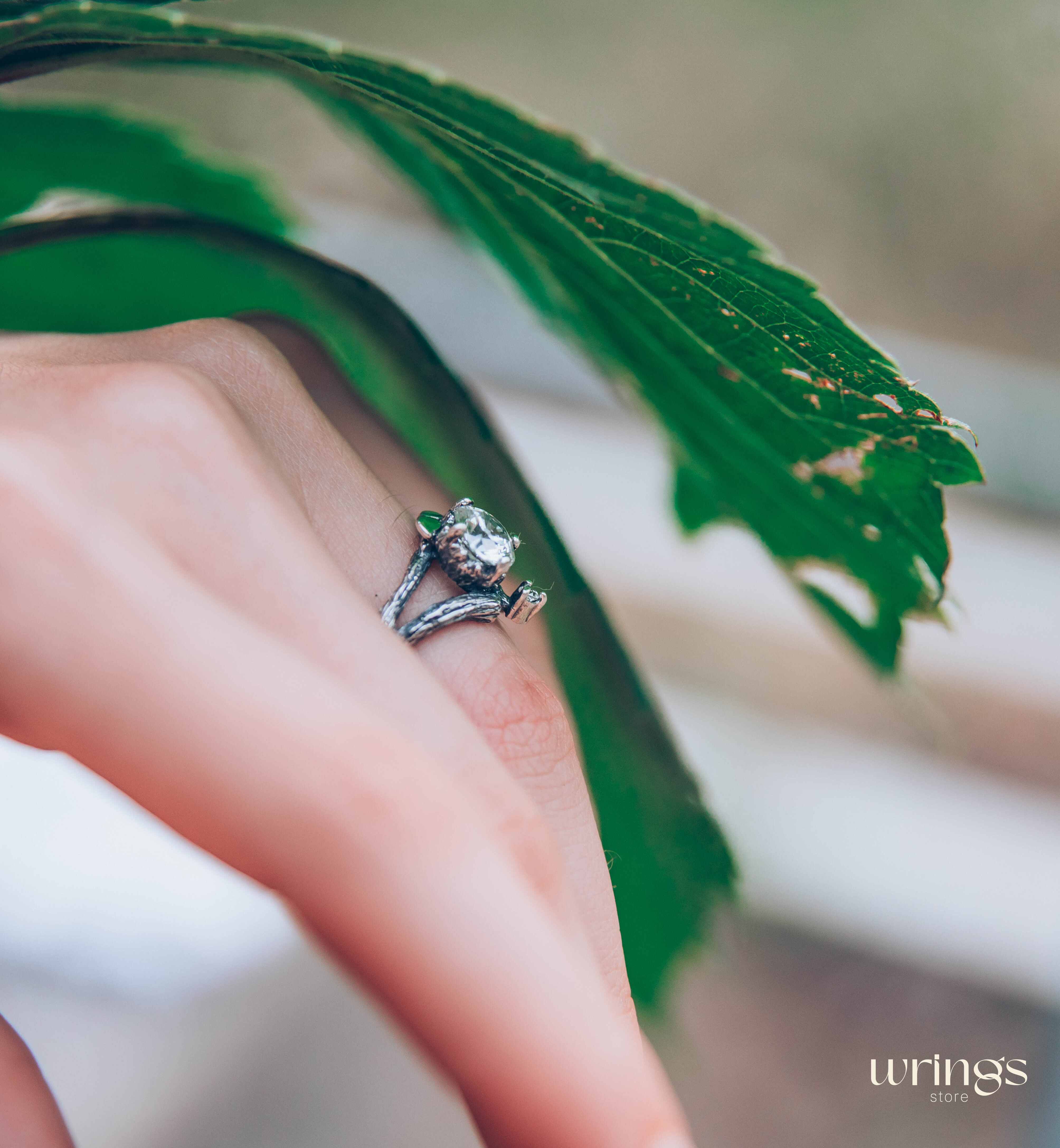 Silver Branch Engagement Ring with Large Gemstone and Leaves