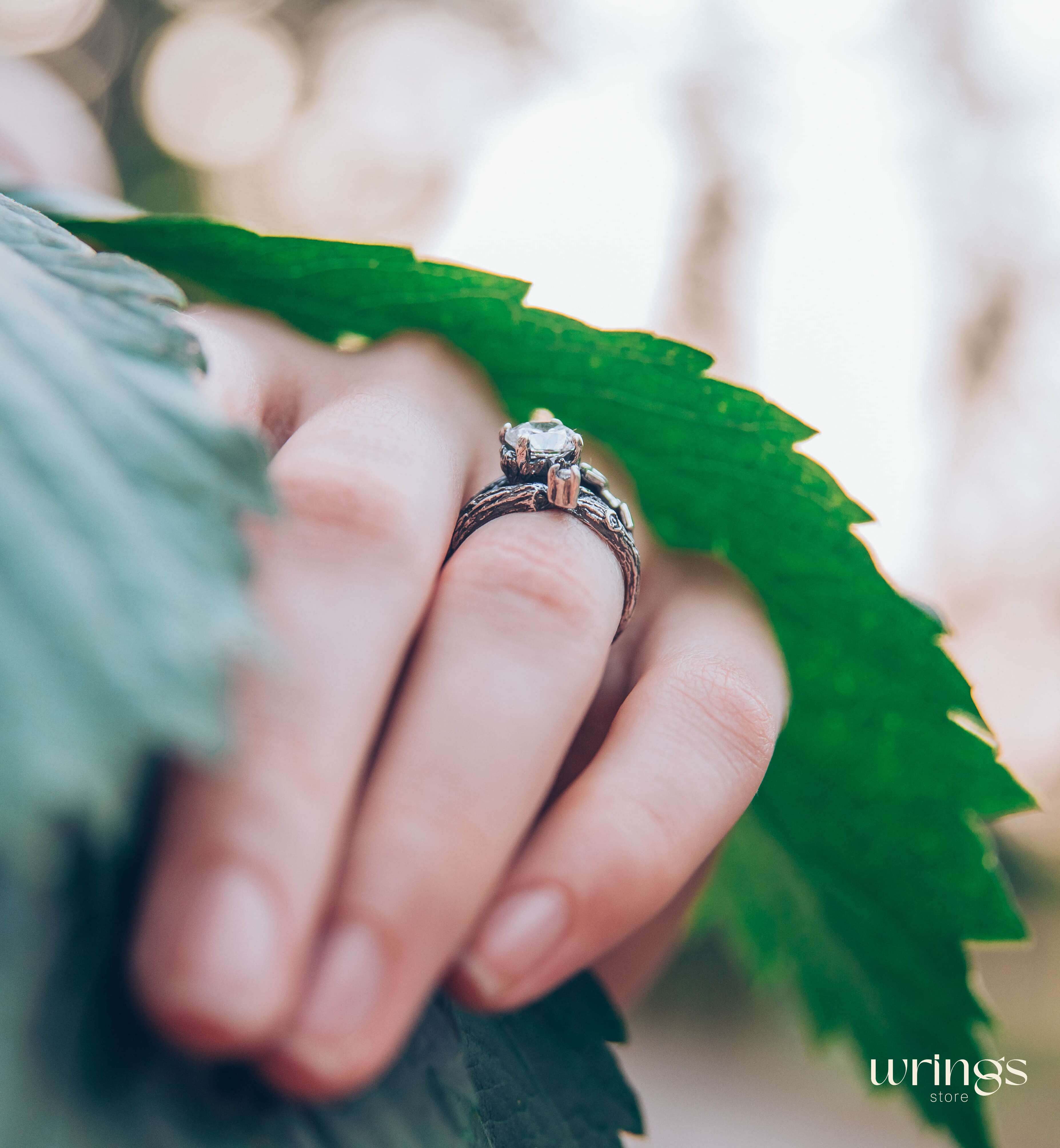 Silver Branch Engagement Ring with Large Gemstone and Leaves