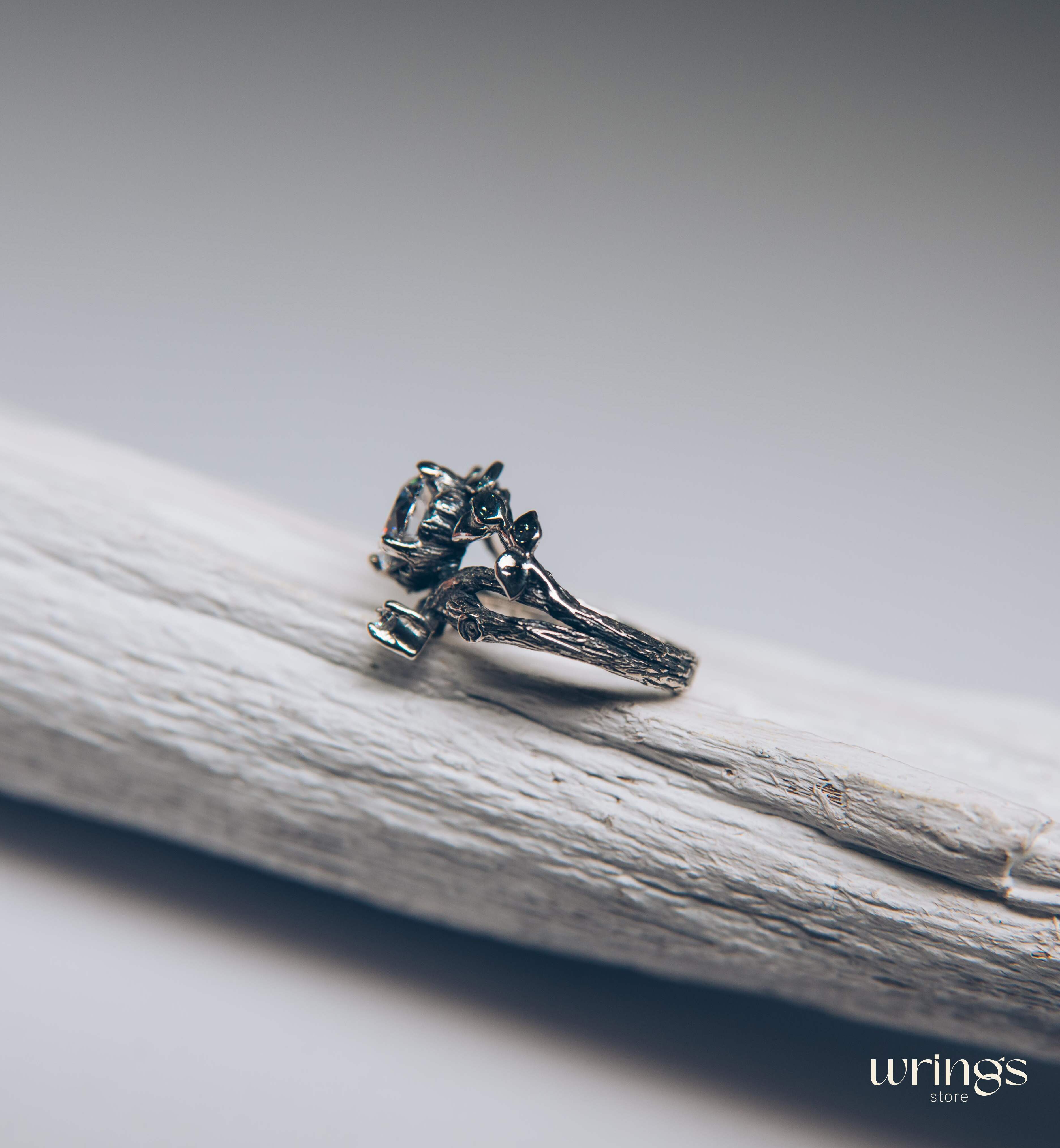 Silver Branch Engagement Ring with Large Gemstone and Leaves