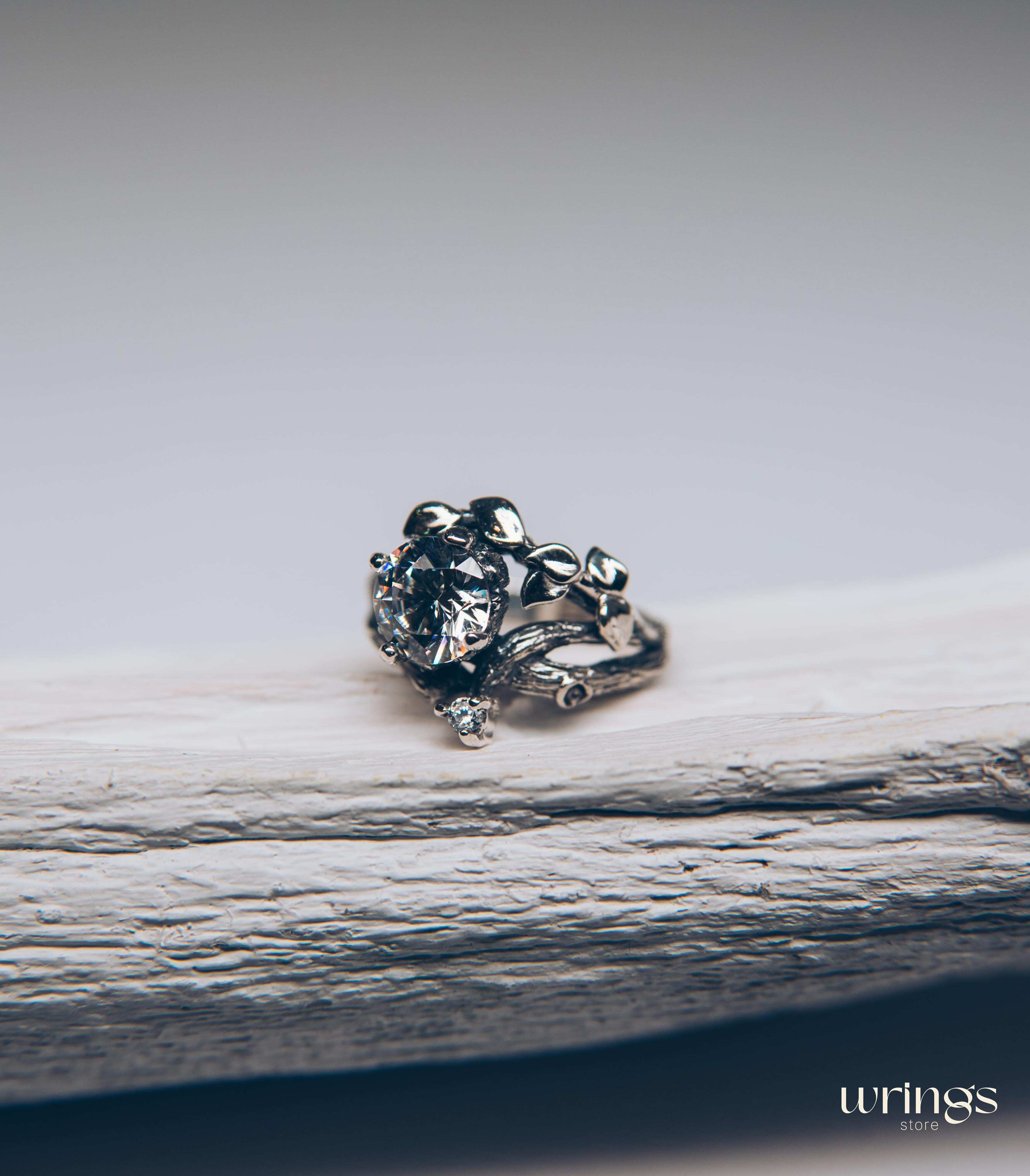 Silver Branch Engagement Ring with Large Gemstone and Leaves