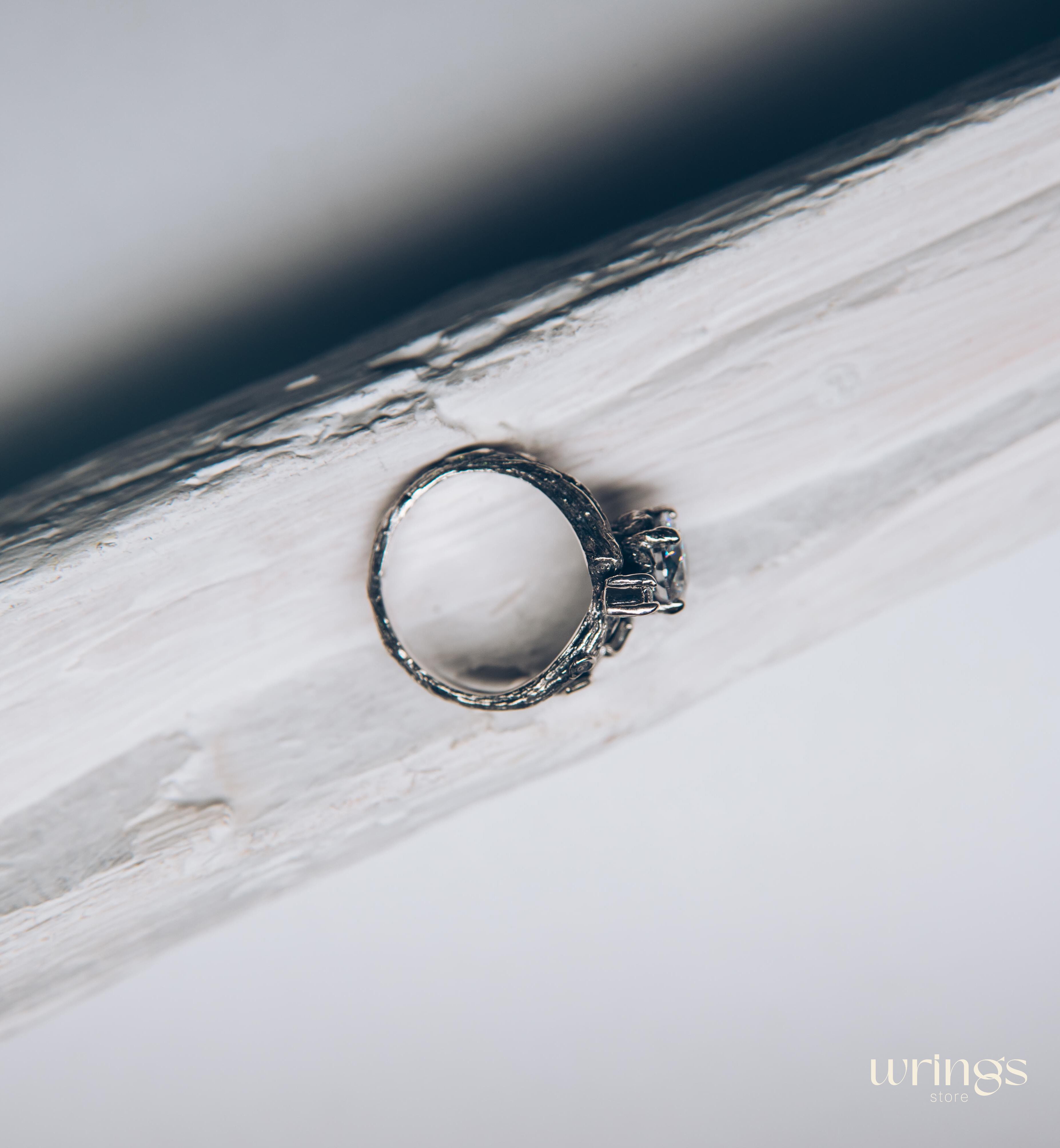 Silver Branch Engagement Ring with Large Gemstone and Leaves