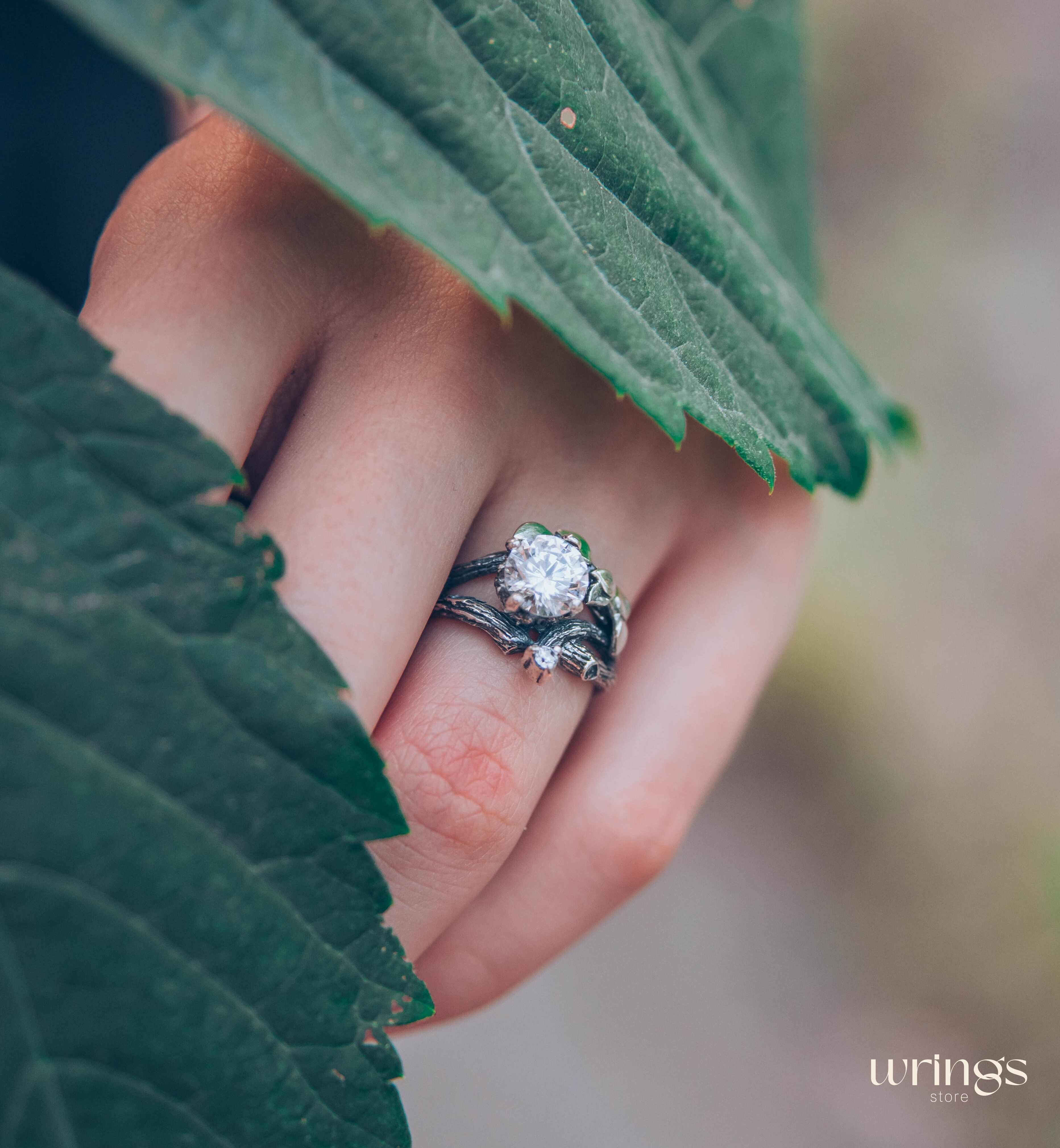Silver Branch Engagement Ring with Large Gemstone and Leaves