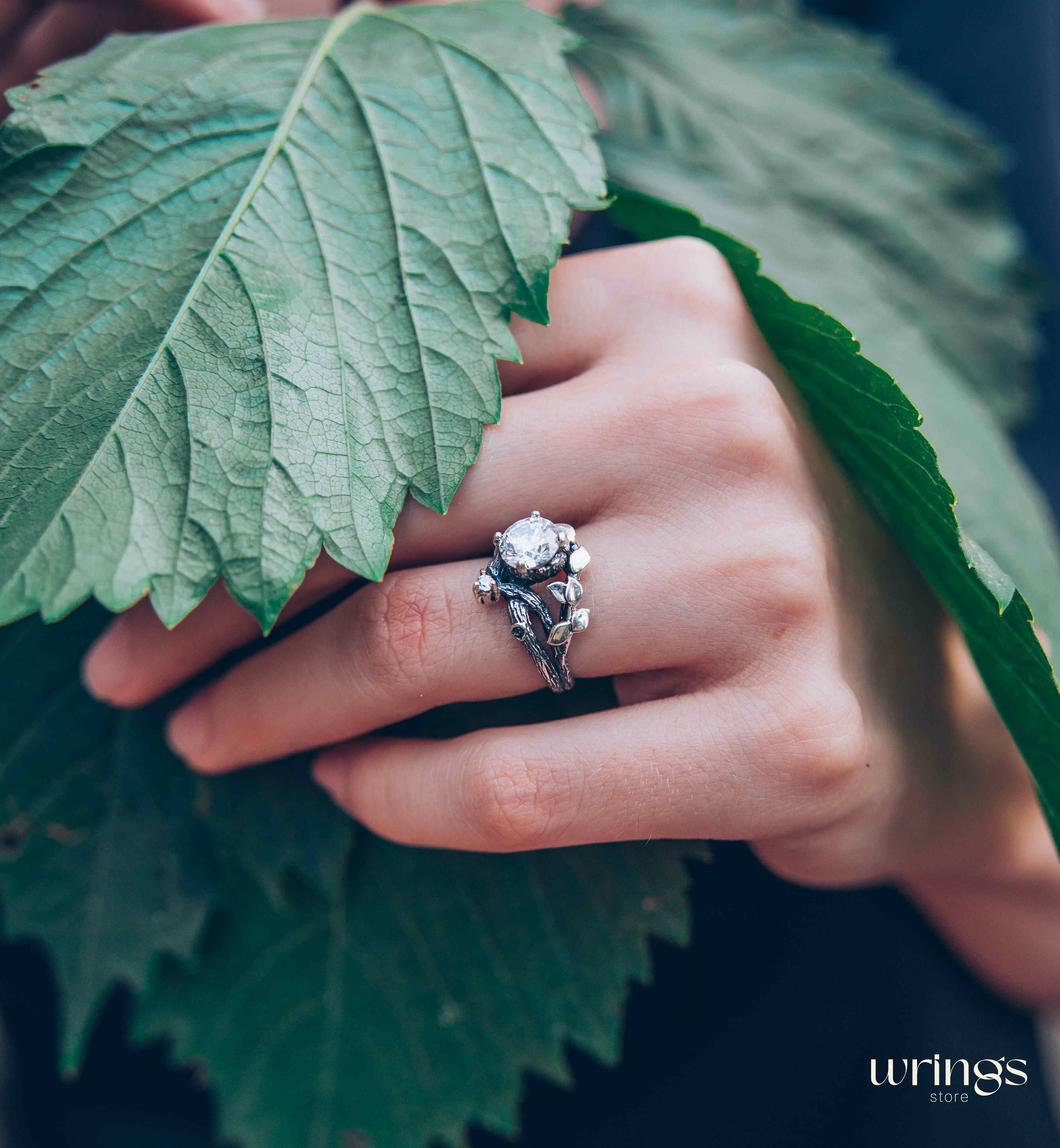 Silver Branch Engagement Ring with Large Gemstone and Leaves