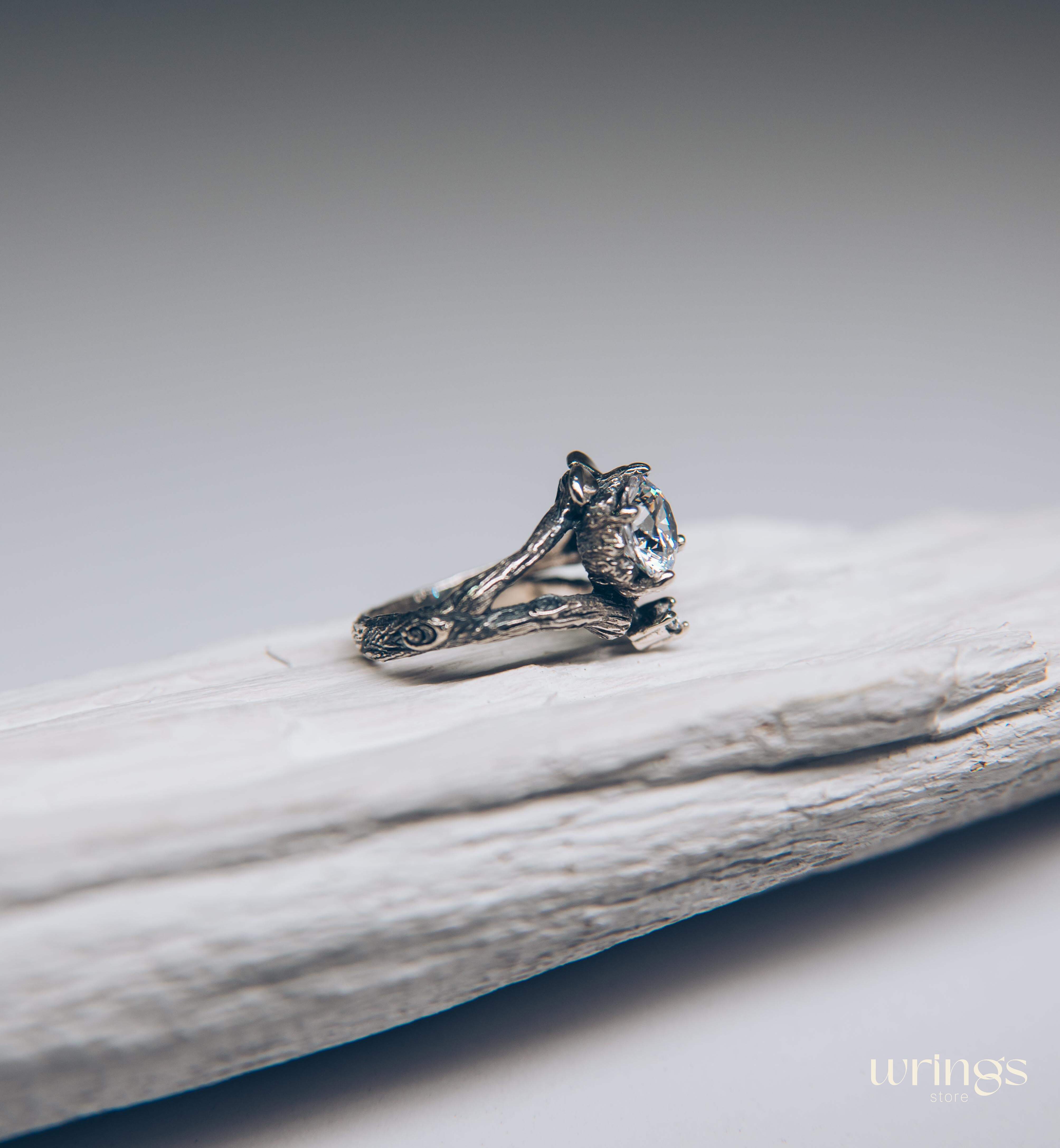 Silver Branch Engagement Ring with Large Gemstone and Leaves