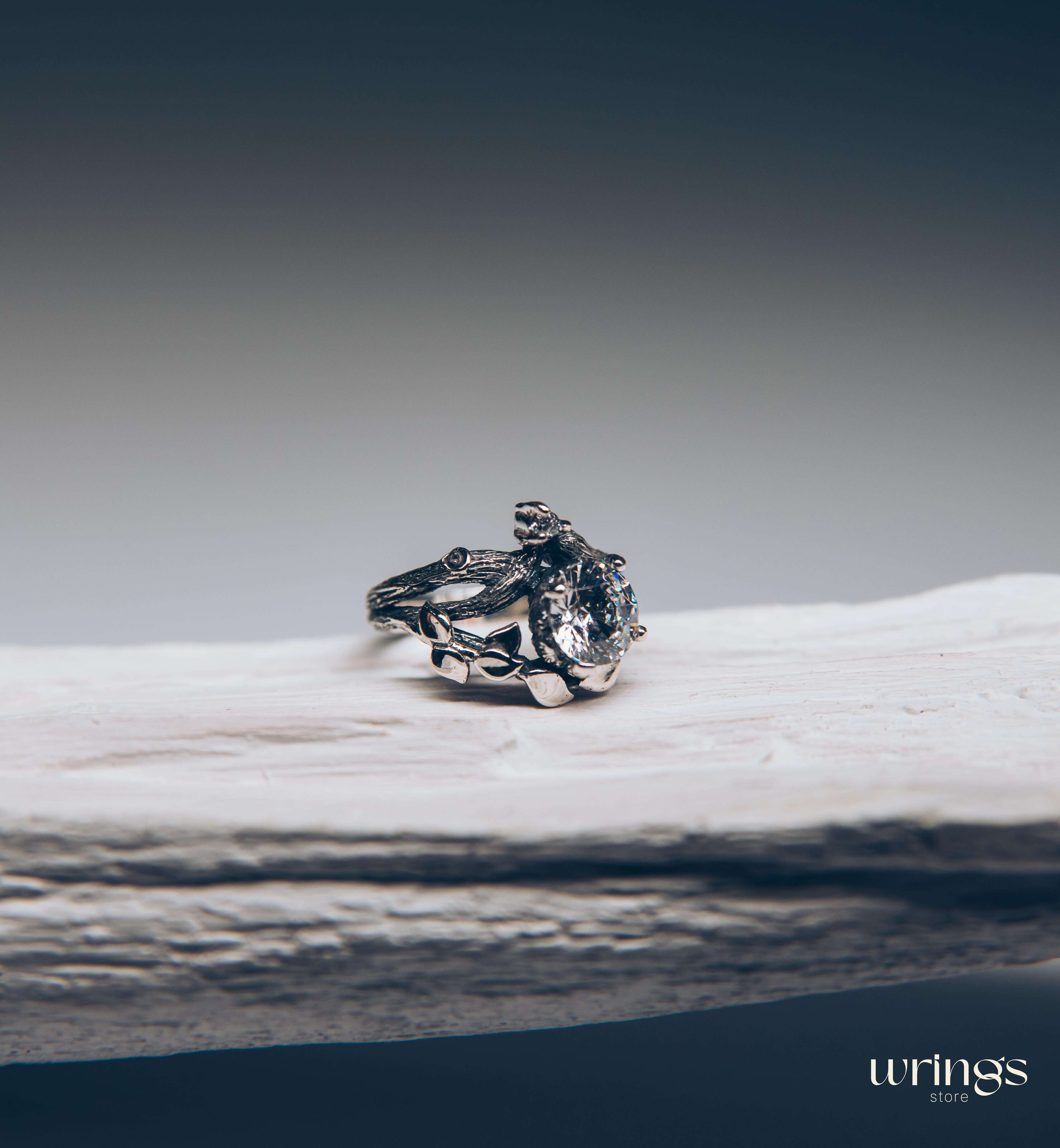 Silver Branch Engagement Ring with Large Gemstone and Leaves